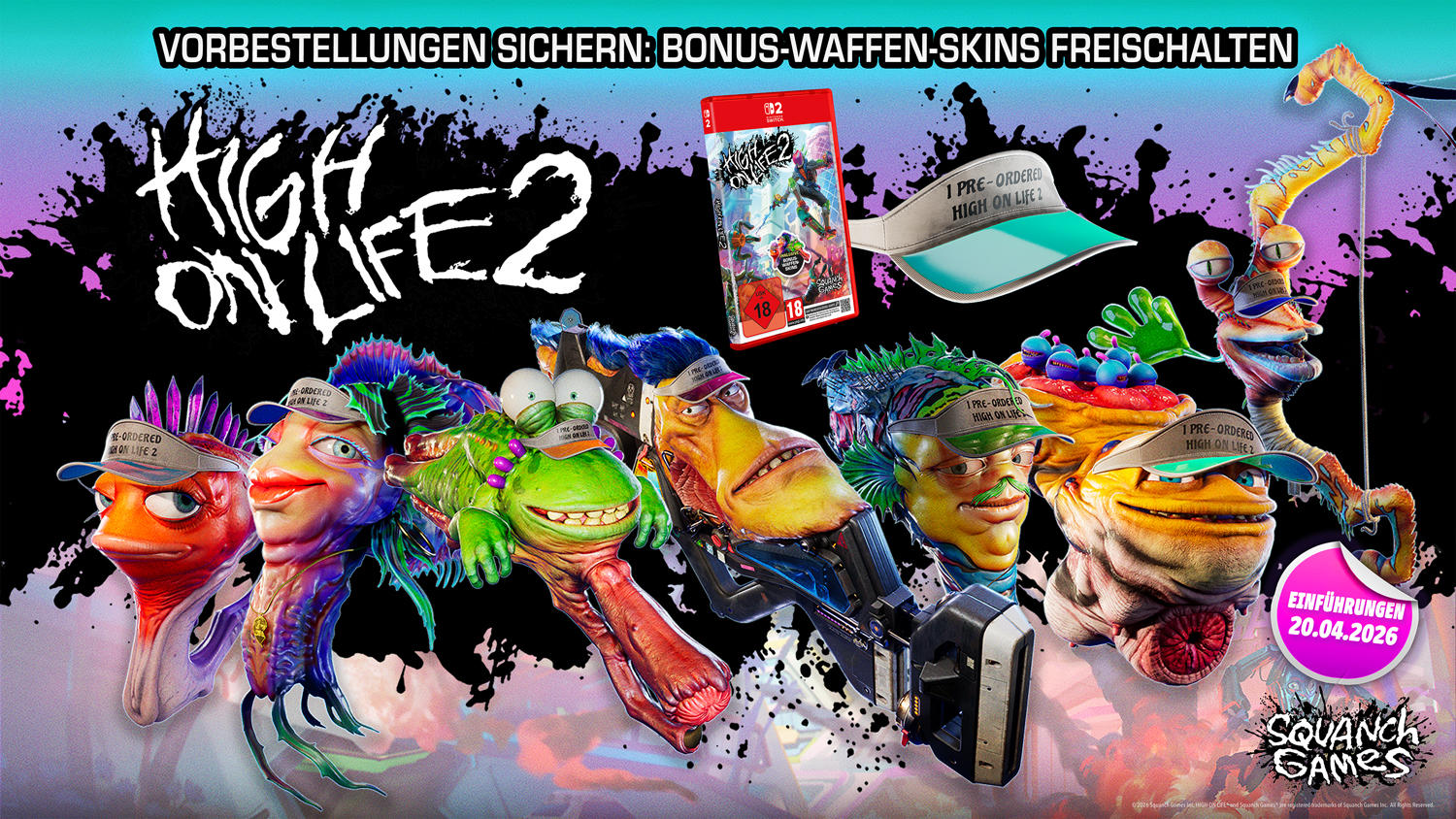 Mehrere bunte Alien-Charaktere werben für das Spiel "High On Life 2".
