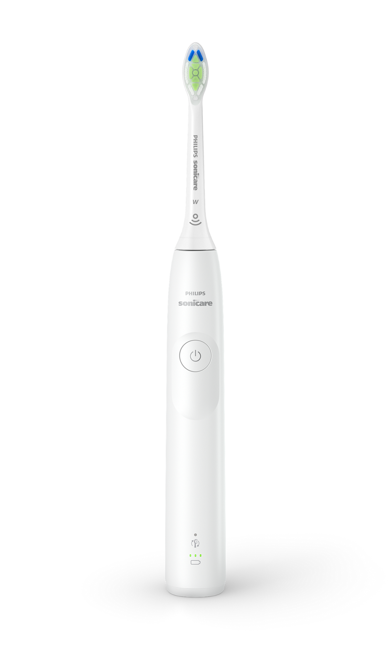 Biała elektryczna szczoteczka do zębów Philips Sonicare z niebiesko-zielonymi włoskami.