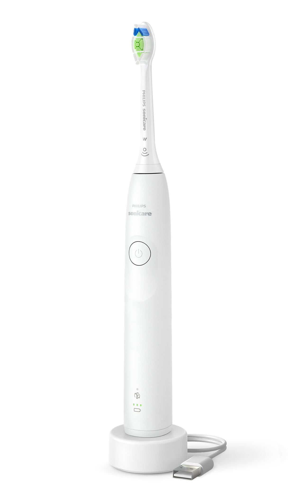 Biała szczoteczka elektryczna z niebiesko-zielonymi włosiami na ładowarce.