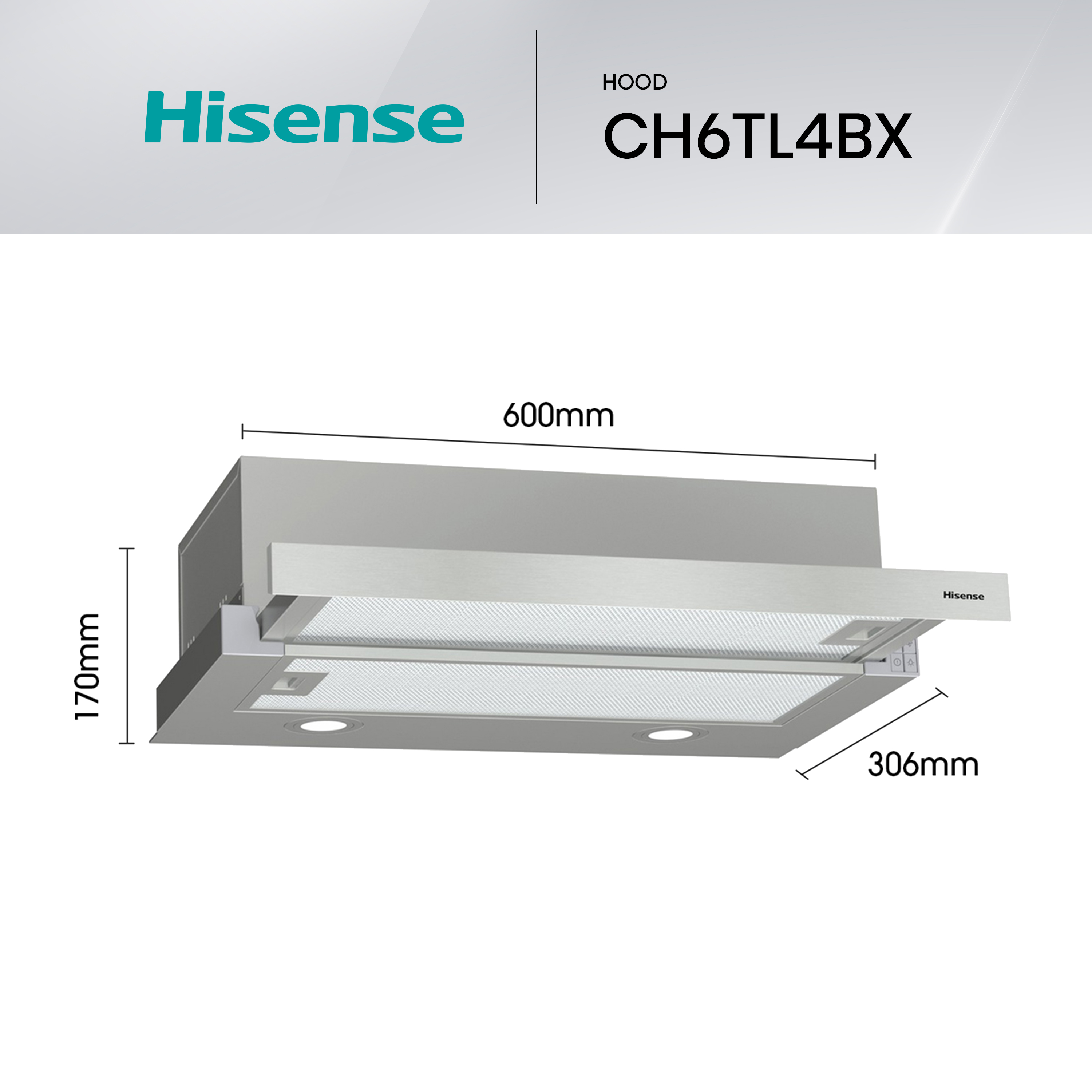 Campana Hisense CH6TL4BX, dimensiones 600x170x306mm, acero inox.