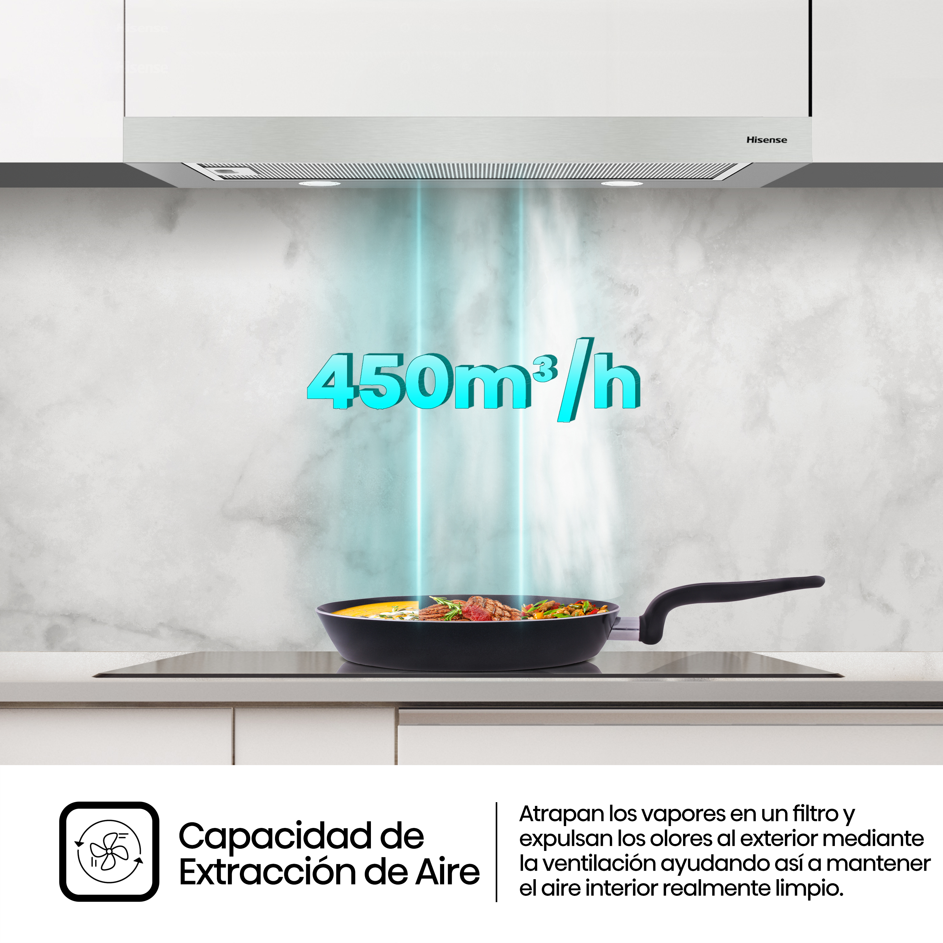 Capacidad de extracción de aire de 450m³/h que atrapa los vapores en un filtro y expulsa los olores al exterior mediante la ventilación, ayudando a mantener el aire interior realmente limpio.