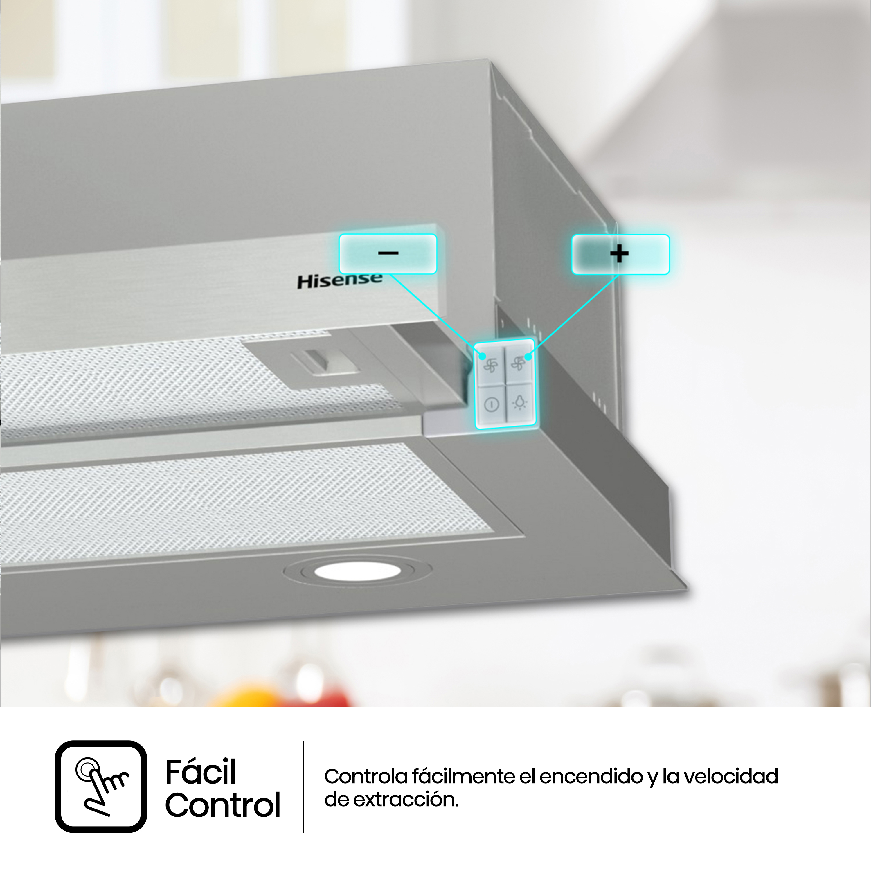 Campana extractora Hisense con fácil control para gestionar el encendido y la velocidad de extracción de forma sencilla e intuitiva.