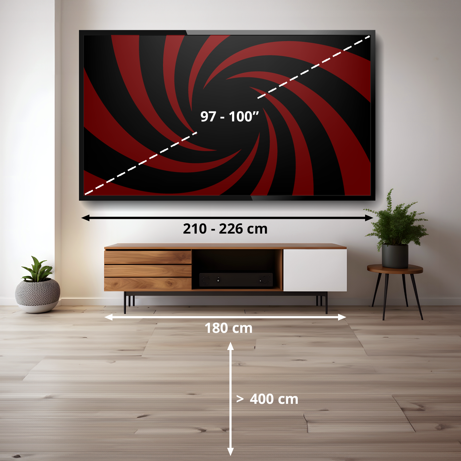 Un televisor grande con patrón de remolino rojo cuelga sobre consola.