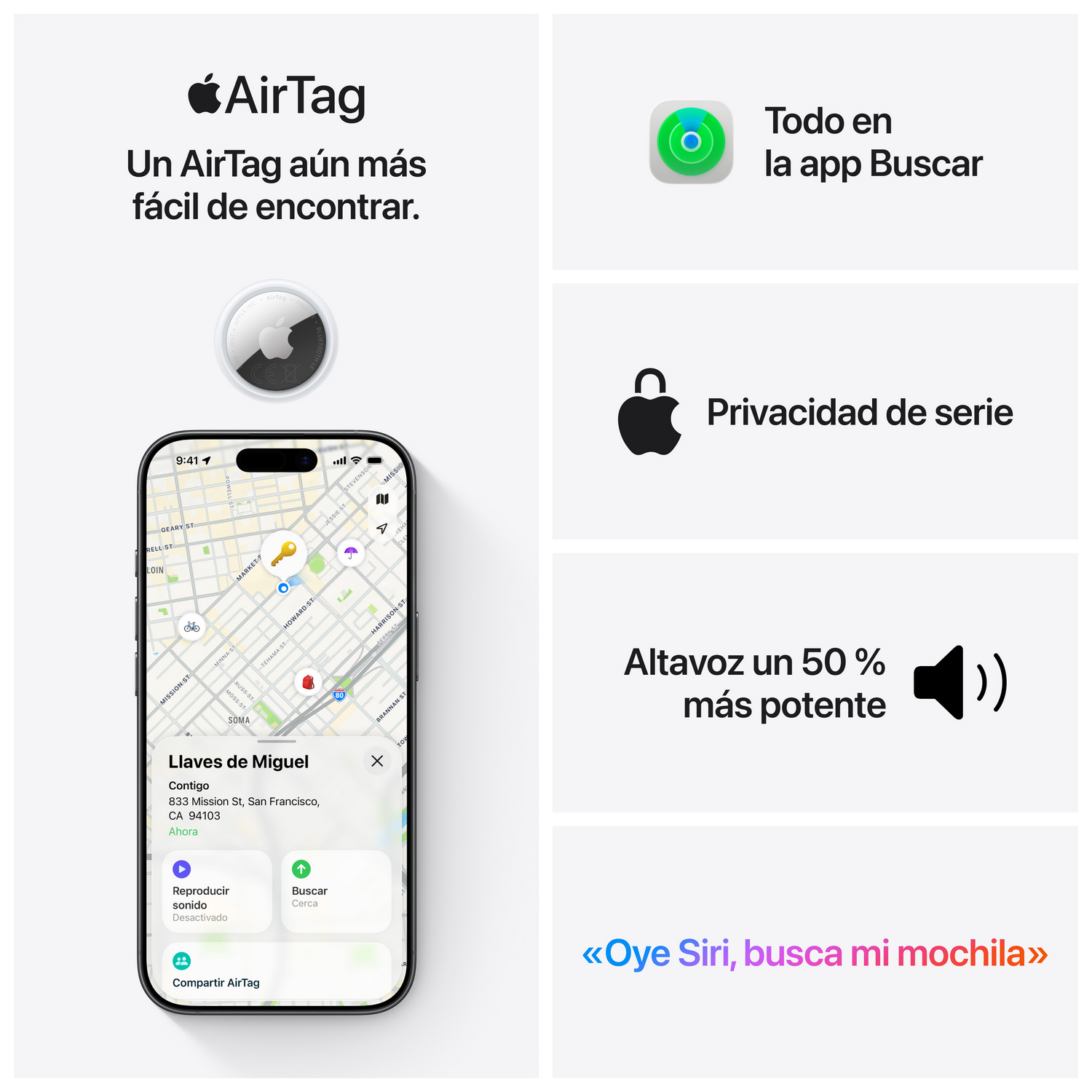 Collage con: “AirTag”, “Un AirTag aún más fácil de encontrar”, “Todo en la app Buscar”, “Oye Siri, busca mi mochila”, "Altavoz un 50% más potente", "Oye Siri, busca mi mochila"