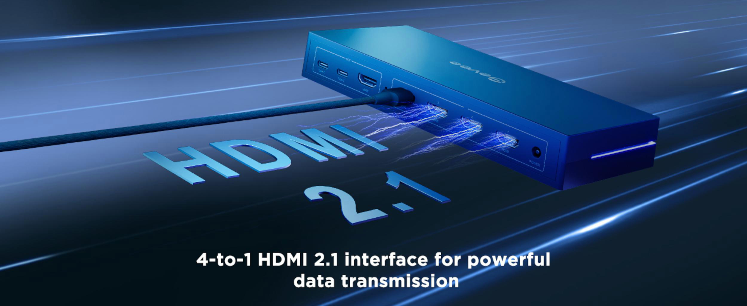 Ein blauer 4-zu-1 HDMI 2.1 Switch mit leuchtenden Kabeln und Text.