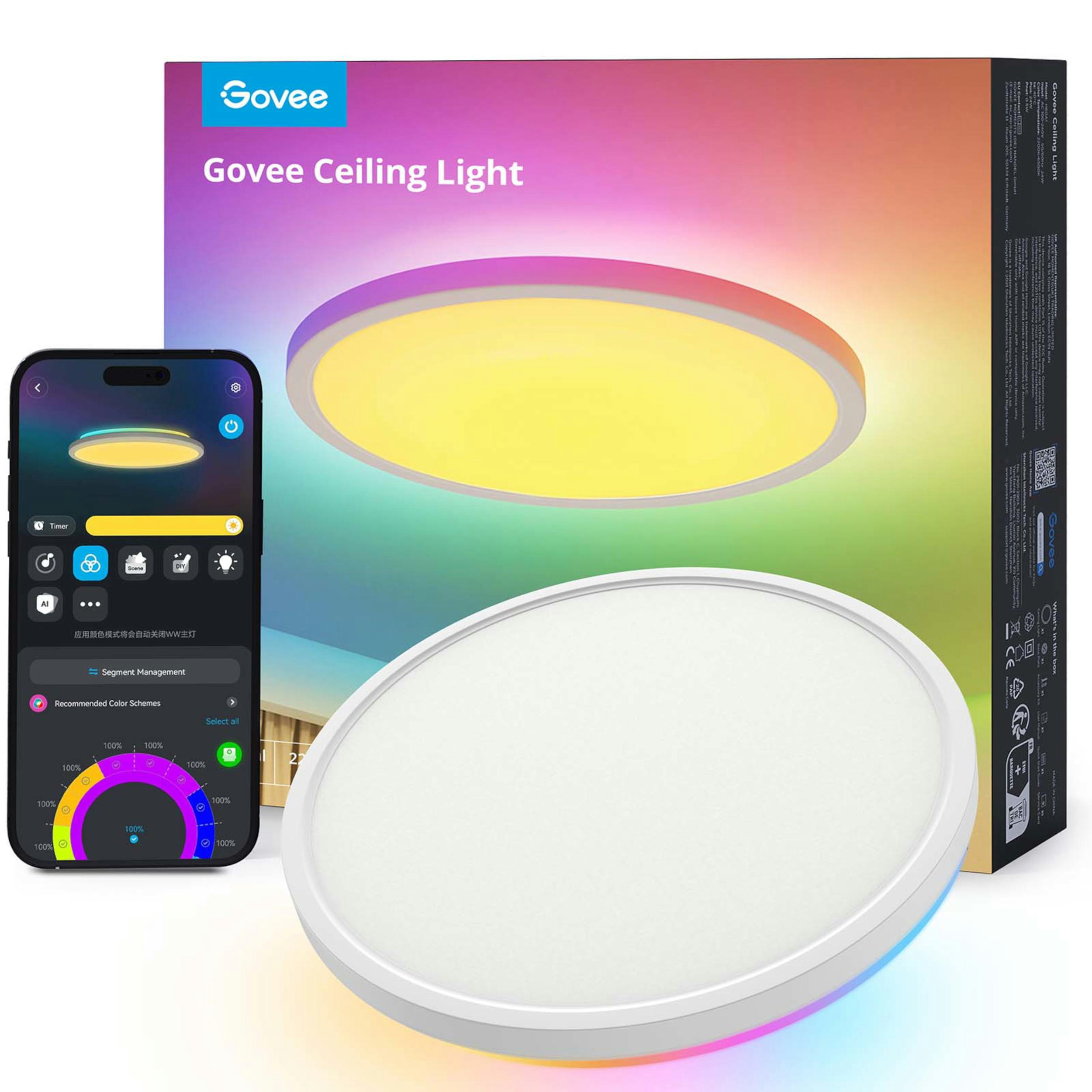 Govee Deckenleuchte mit Smartphone-App und farbiger Beleuchtung.