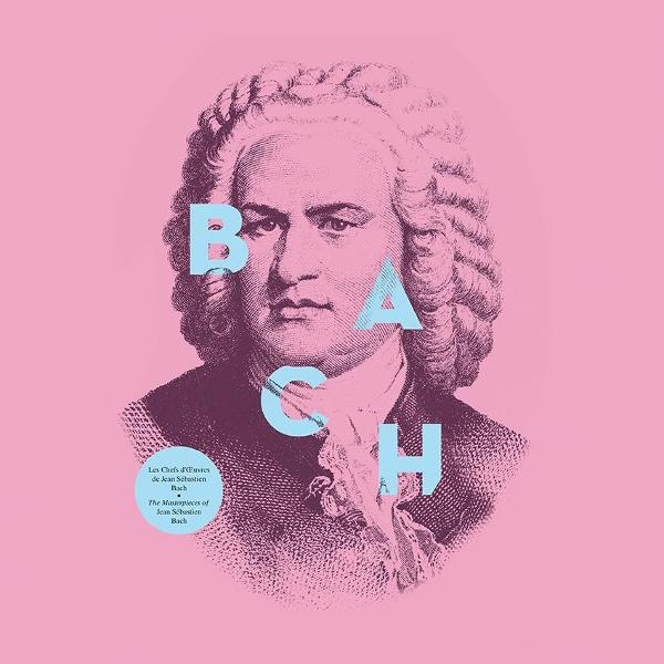 Gravur von J.S. Bach mit dem Schriftzug BACH in hellblauen Buchstaben.