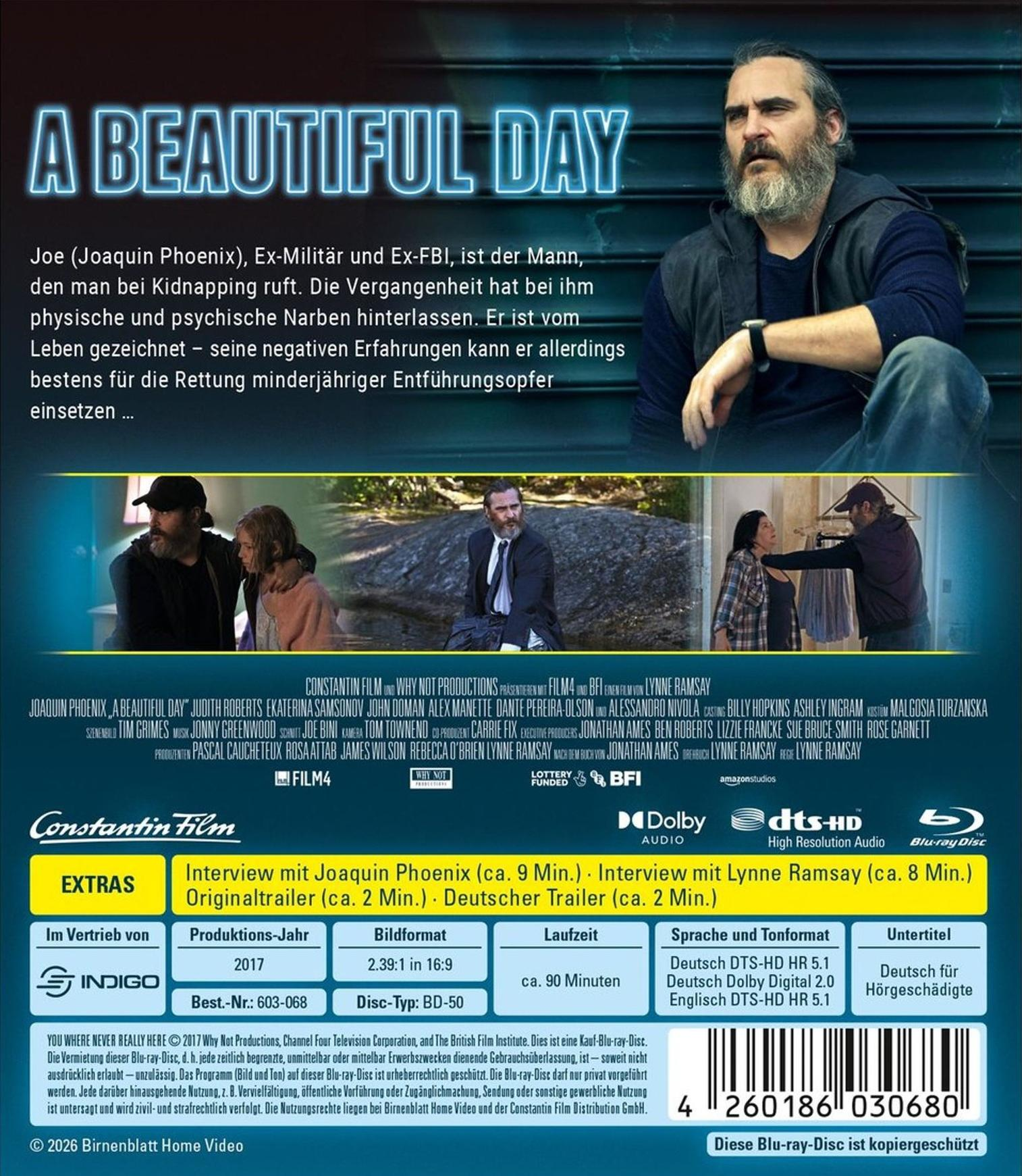 Filmplakat "A Beautiful Day" mit Joaquin Phoenix, Text und Szenenbildern.
