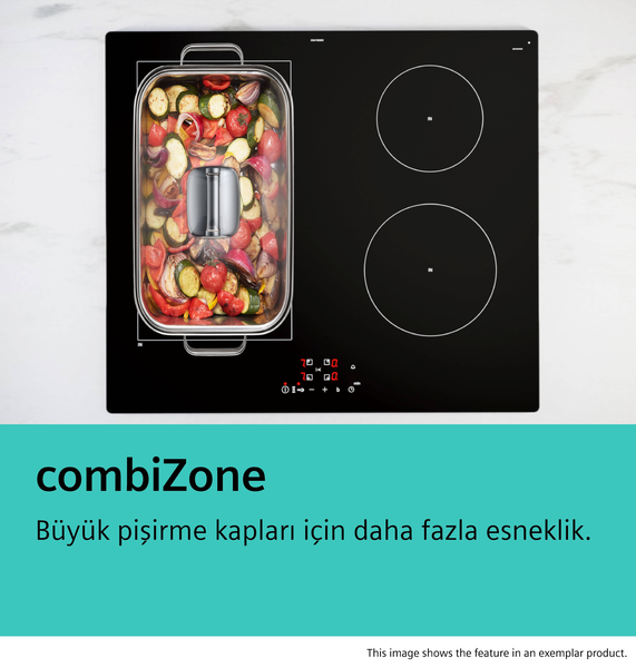 Sebzeli dikdörtgen tencere ve iki yuvarlak pişirme alanı olan siyah indüksiyonlu ocak.