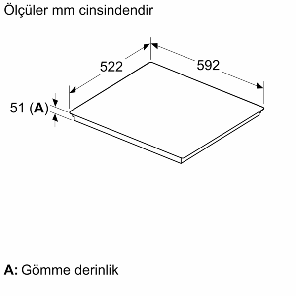 522x592 mm ölçülerinde ve 51 mm derinliğinde bir ocak teknik çizimi.