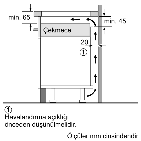 Çekmece ve havalandırma boşlukları boyutlarını gösteren teknik çizim.