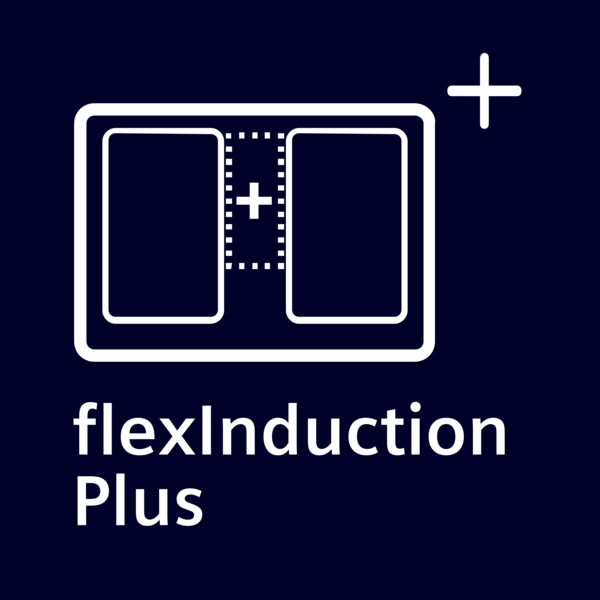 İki pişirme bölgesi ve artı işareti olan logo. Metin: flexInduction Plus.