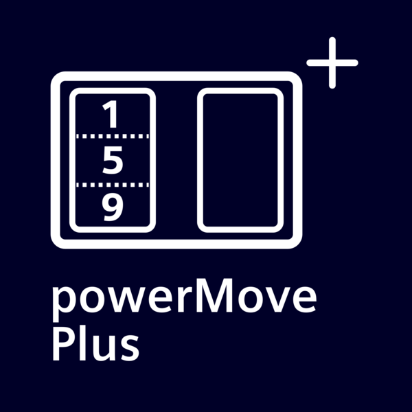 İki kutulu logo, biri 1, 5, 9 gösteriyor. Metin 'powerMove Plus'.