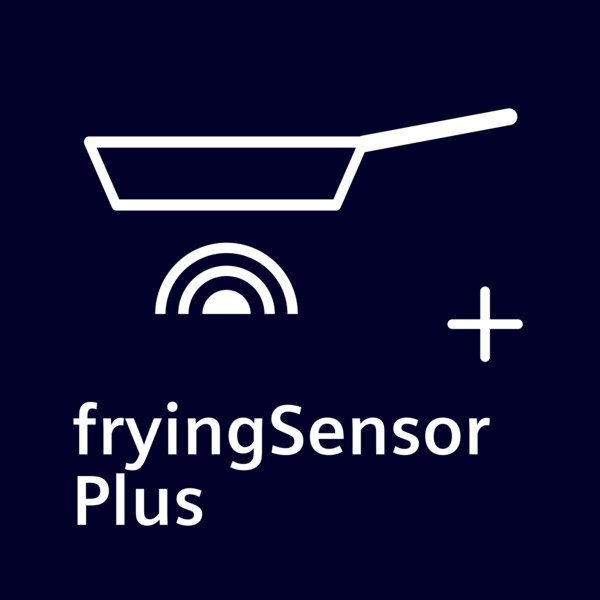 Isı dalgaları sembolü ve artı işaretinin üzerinde beyaz tava. Metin: fryingSensor Plus.