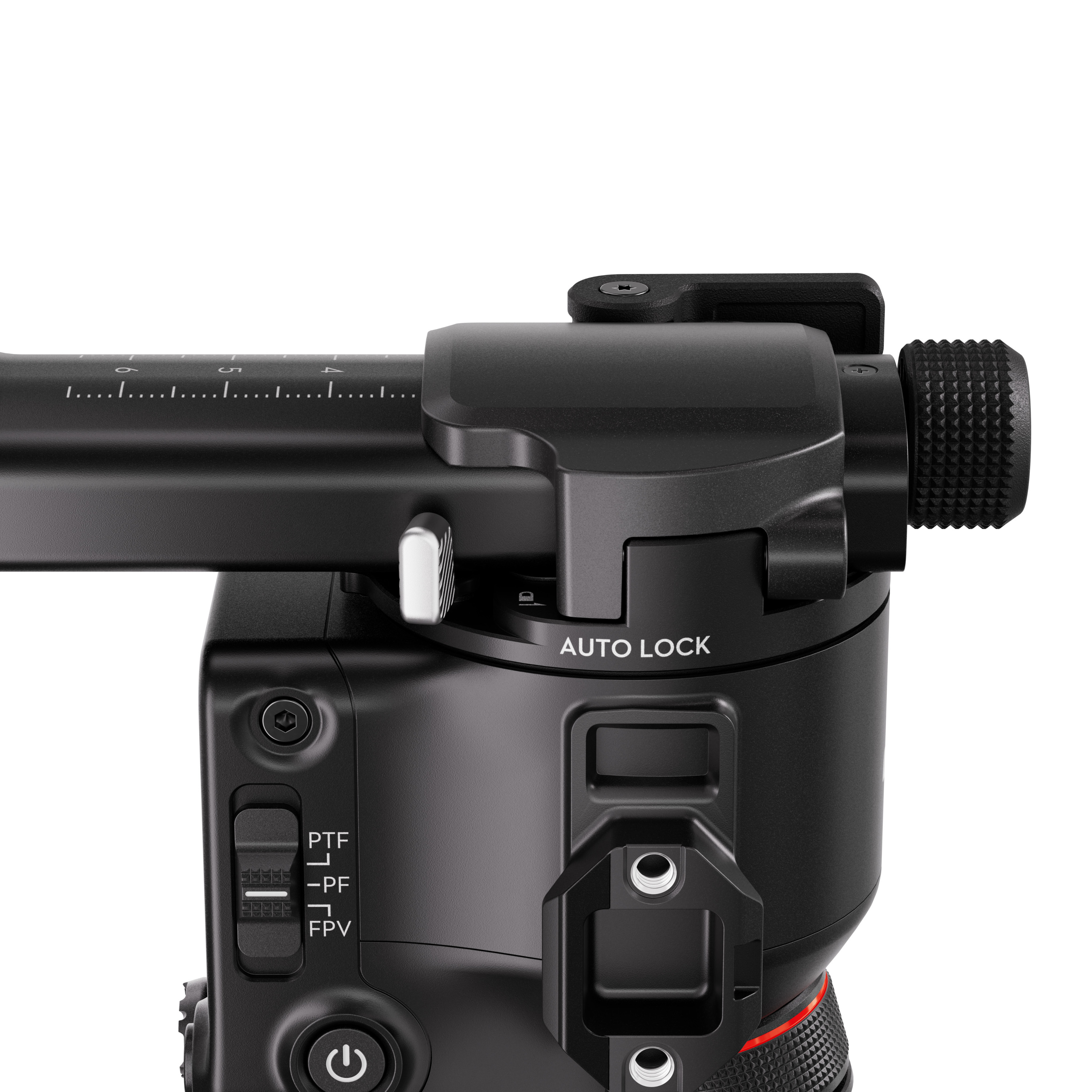 Zbliżenie czarnego uchwytu gimbala z napisem 'AUTO LOCK'.