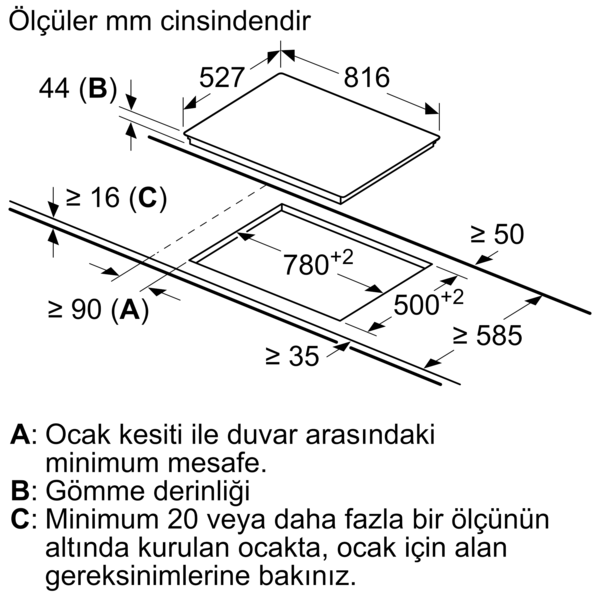Boyutları ve montaj talimatları olan bir ocak tablasının teknik çizimi.
