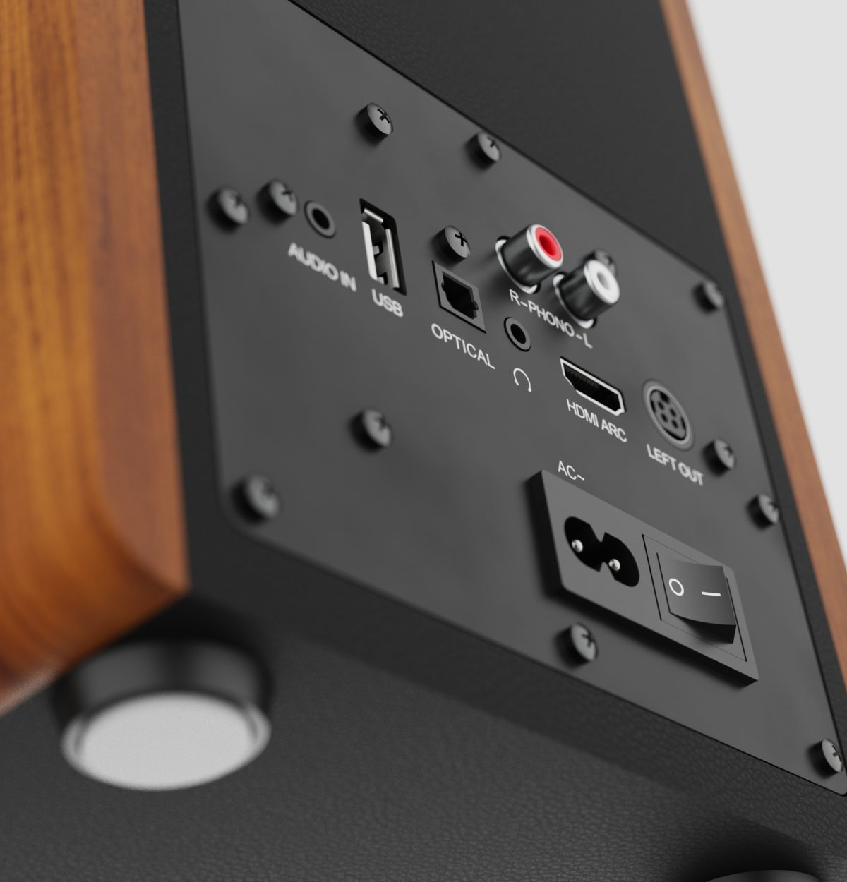 Rückseite eines Lautsprechers mit Anschlüssen: USB, Optisch, HDMI, Phono, AC-Buchse und Schalter.