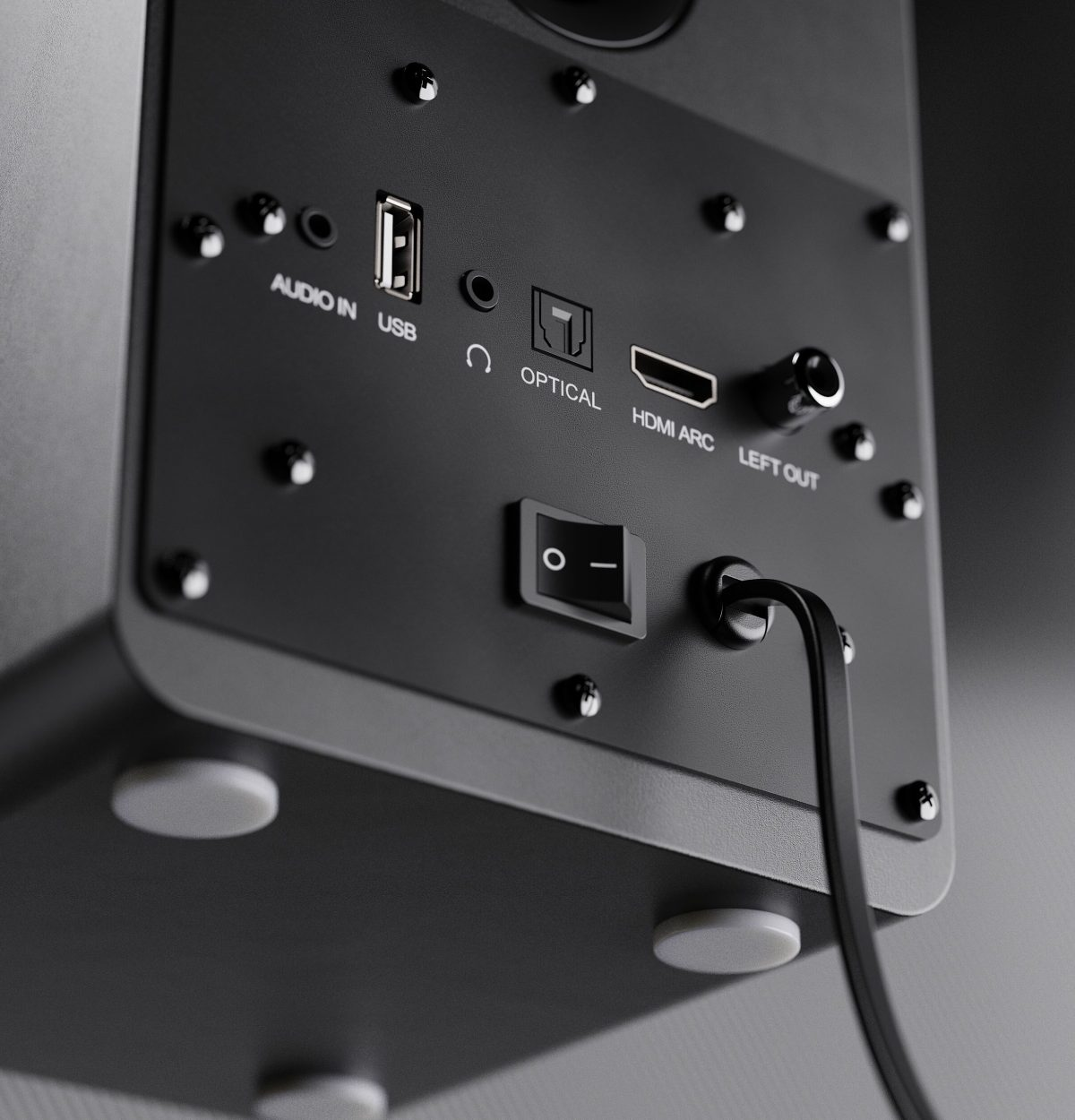 Rückseite eines Lautsprechers mit USB, optischem Anschluss, HDMI ARC, Schalter.