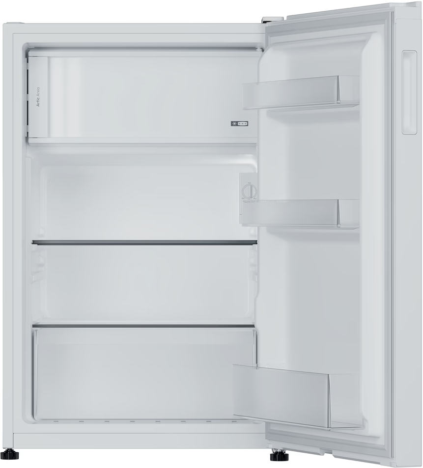 Ein leerer, weißer Kühlschrank mit offener Tür und Regalen.