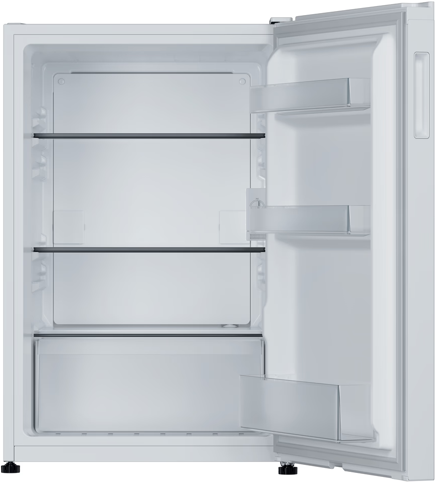 Ein leerer weier Köhlerschrank mit offener Tür und Glasablagen.
