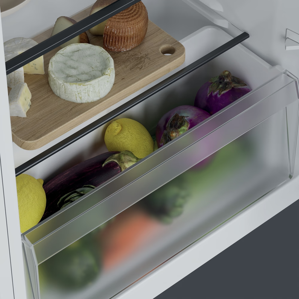 Käse und Gemüse im Kühlschrank: Zitronen, Auberginen, Karotten.
