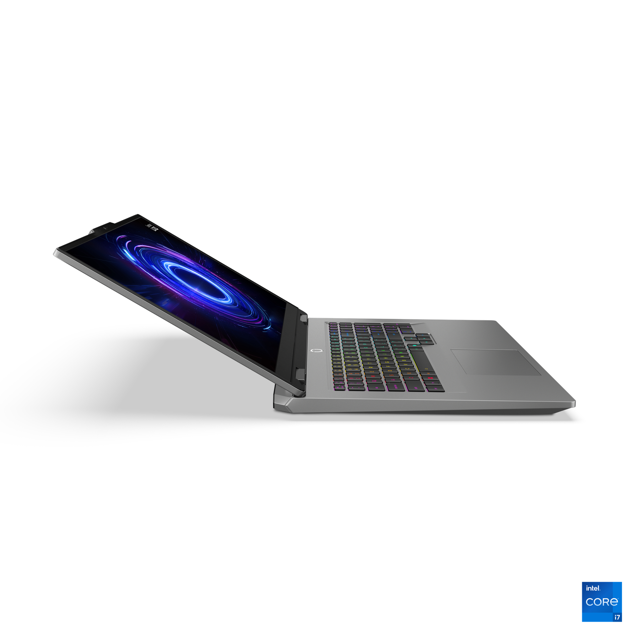 Ein grauer Laptop mit beleuchteter Tastatur und abstraktem Hintergrundbild.