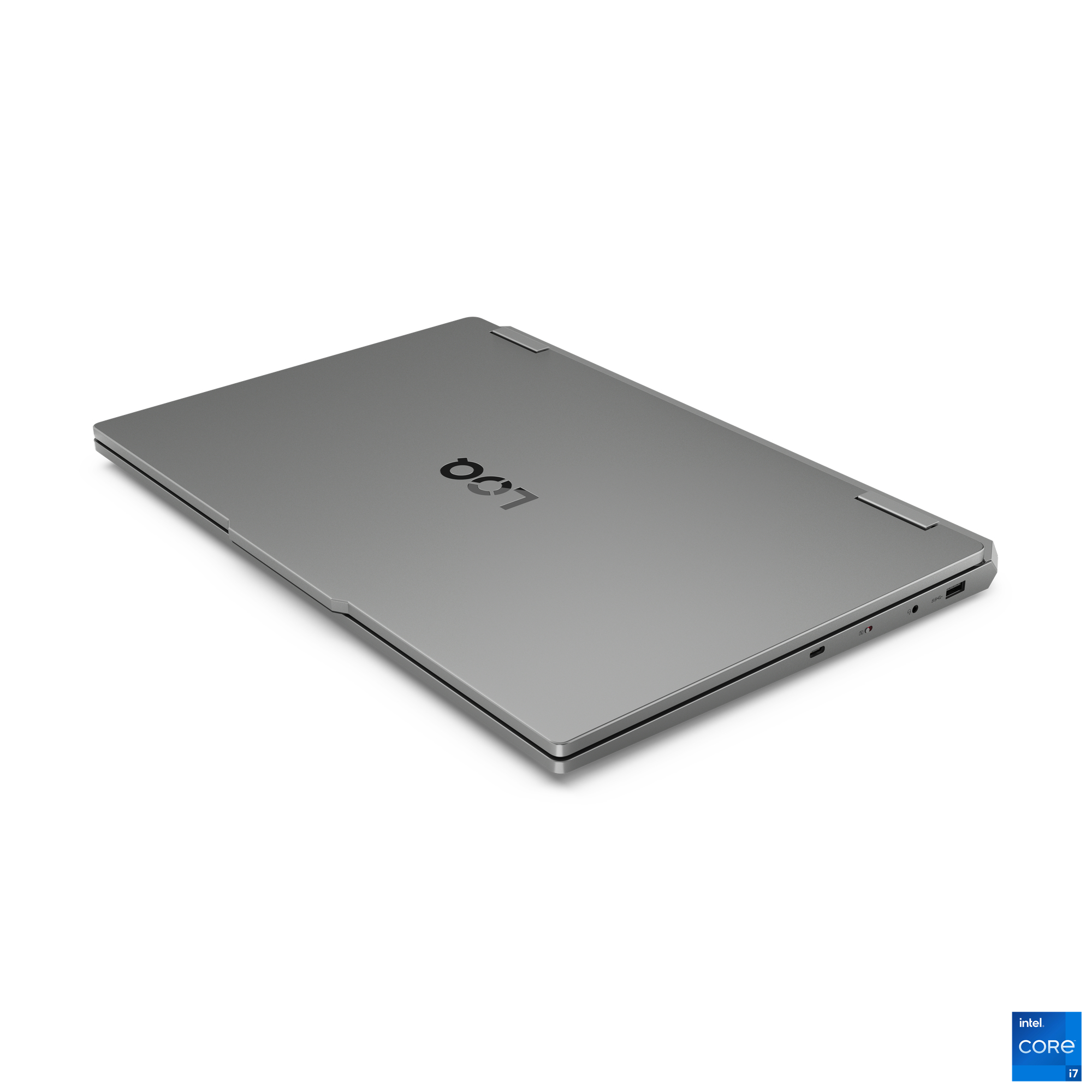 Geschlossener grauer Laptop mit LOQ-Logo und Intel Core i7-Aufkleber.