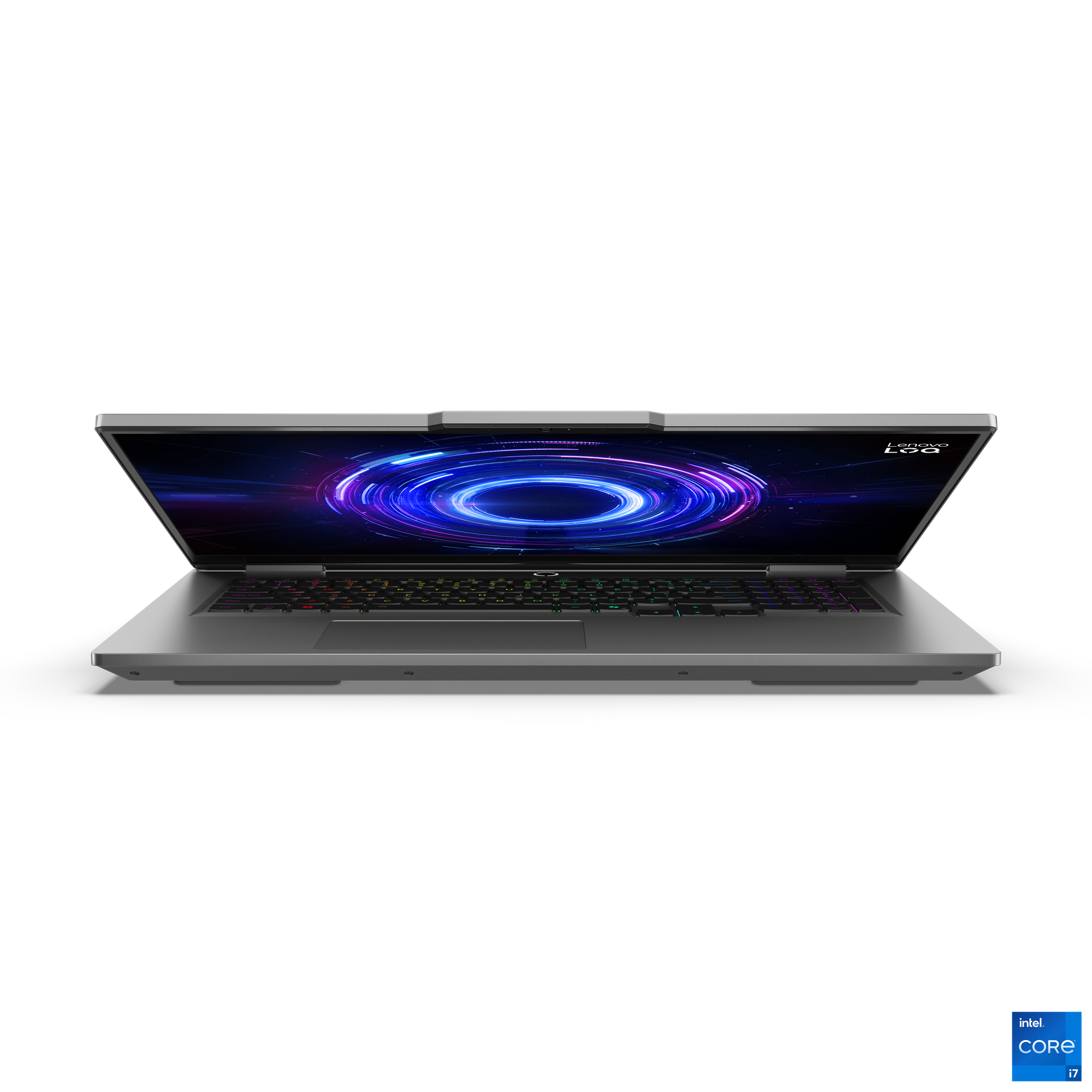 Ein grauer Laptop mit beleuchteter Tastatur und einem dynamischen Hintergrundbild.