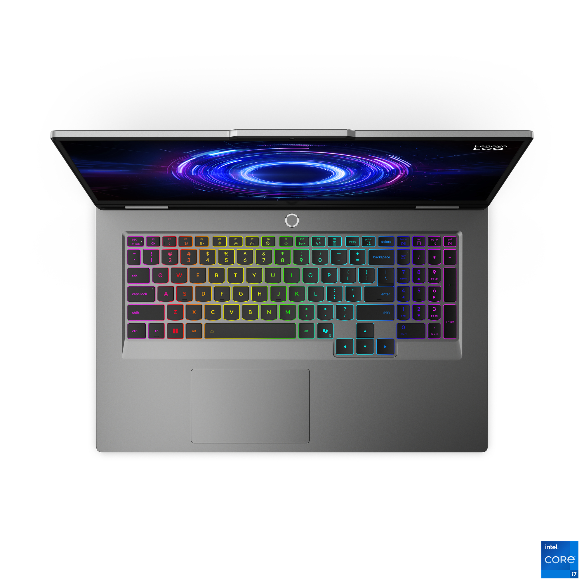 Ein silberner Lenovo Laptop mit einer lebendigen, kreisförmigen Grafikanzeige und einer bunten, beleuchteten Tastatur.