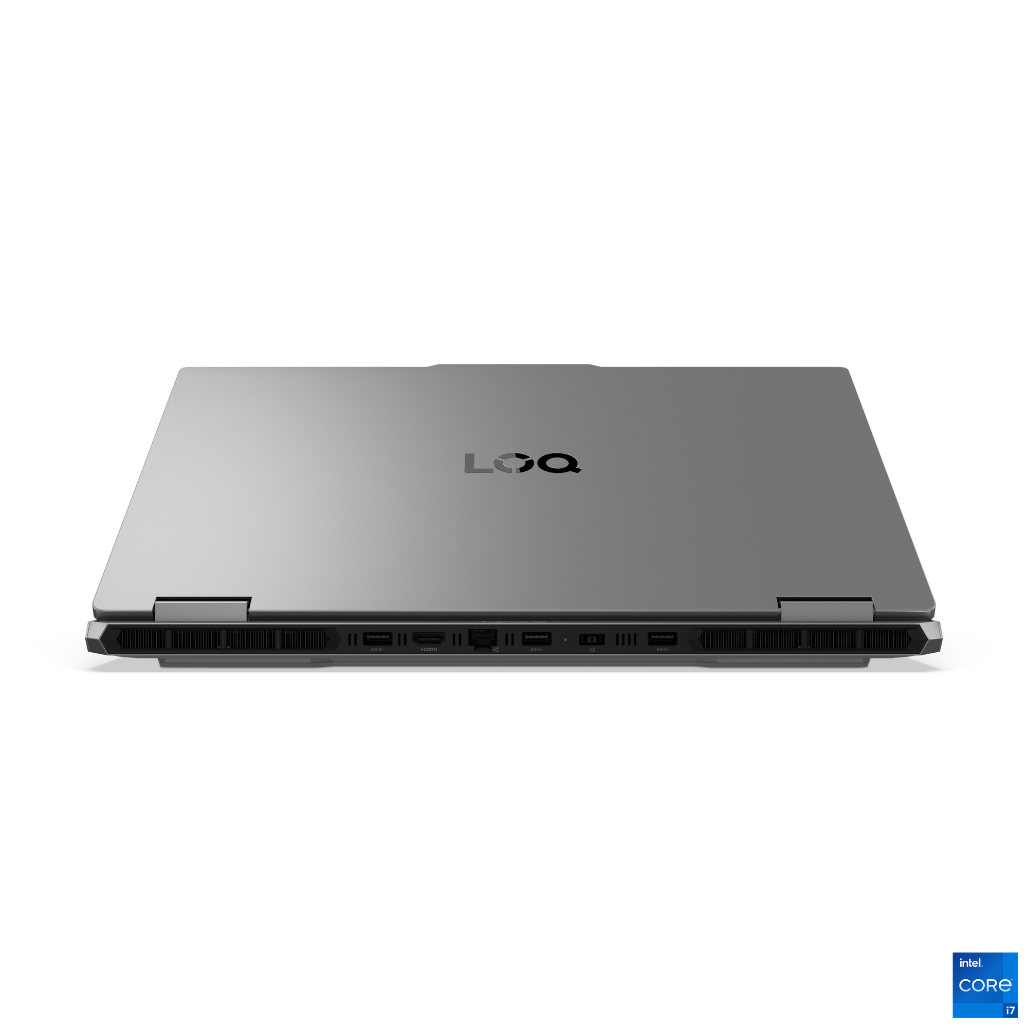 Graues Laptop mit Logo, geschlossen, mit Anschlüssen an der Seite.
