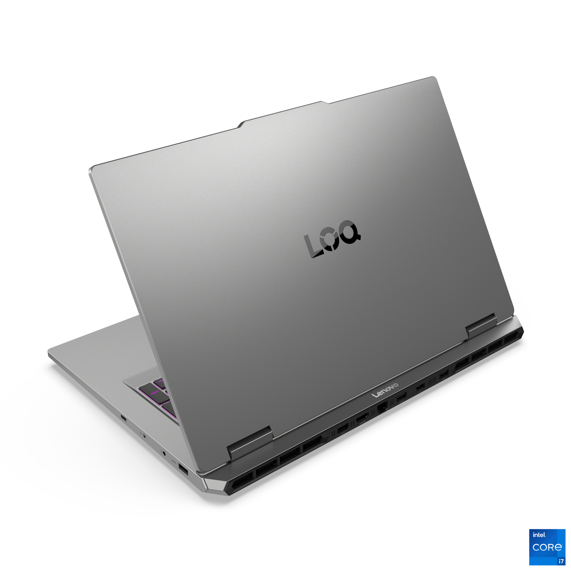 Grauer Lenovo Laptop, offen, mit beleuchteter Tastatur und LOQ-Logo.