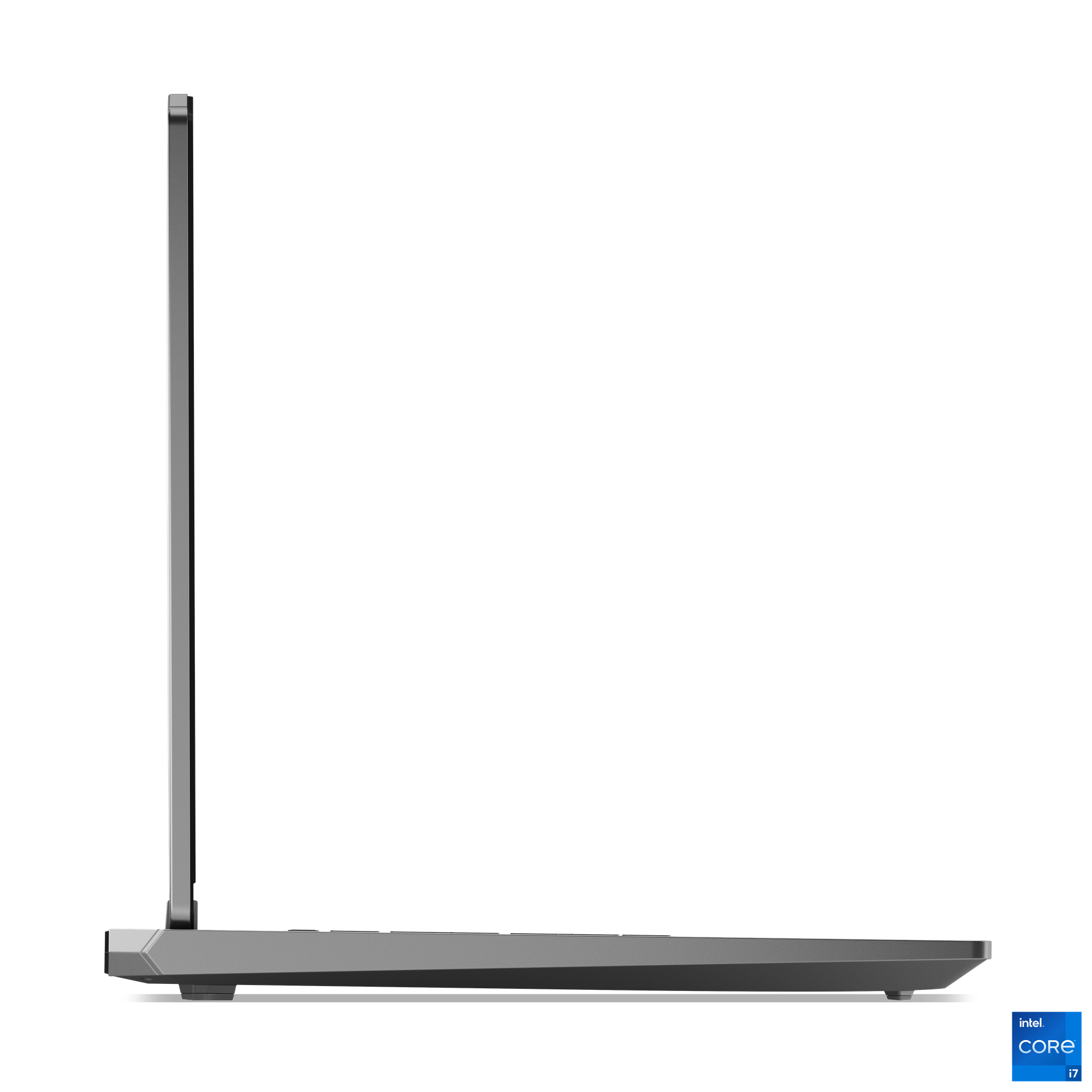 Graues Laptop im Seitenprofil auf weißem Hintergrund mit Intel Core i7 Logo.