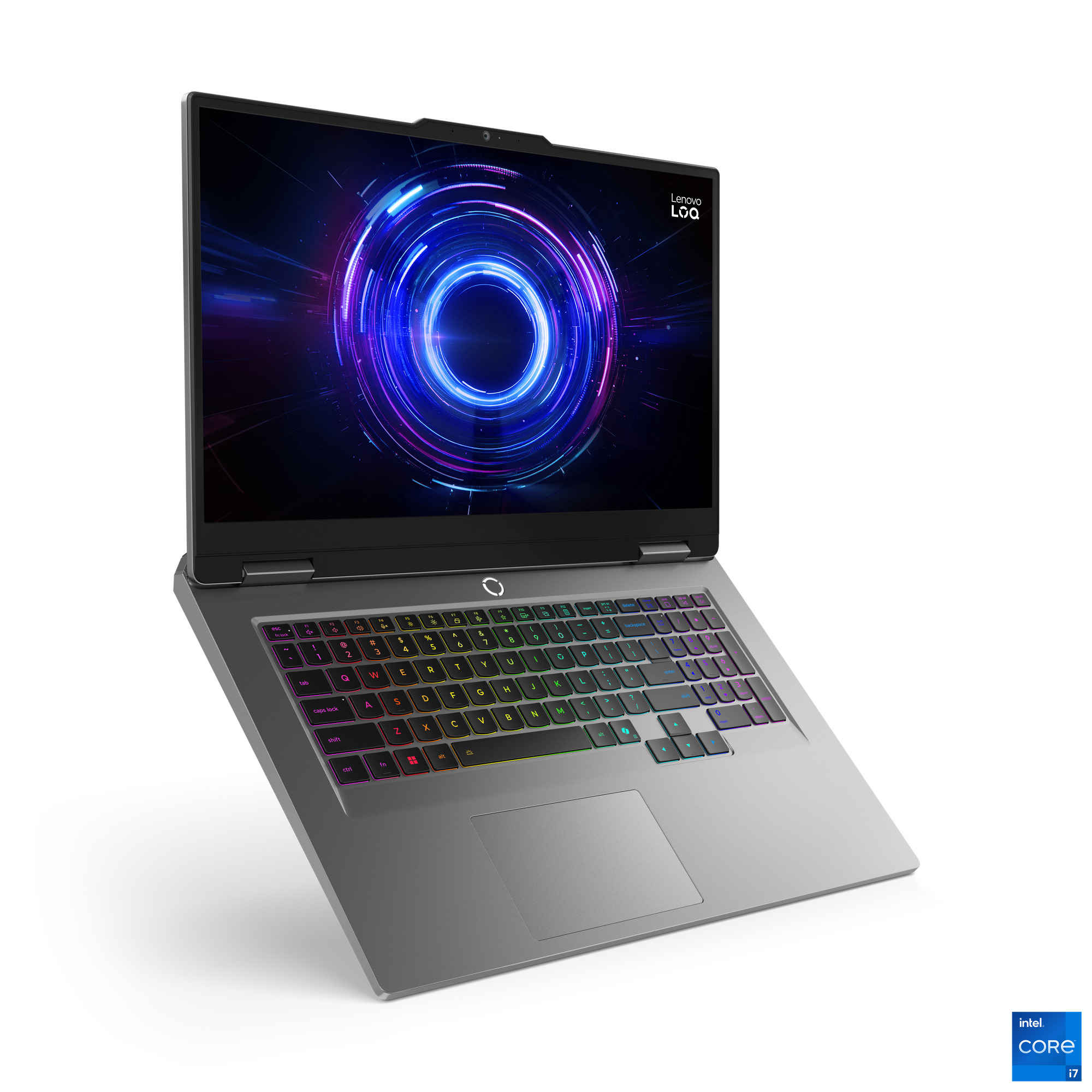 Ein graues Lenovo LOQ Gaming-Laptop mit beleuchteter Tastatur. Der Bildschirm zeigt einen blauen und lila Ring.