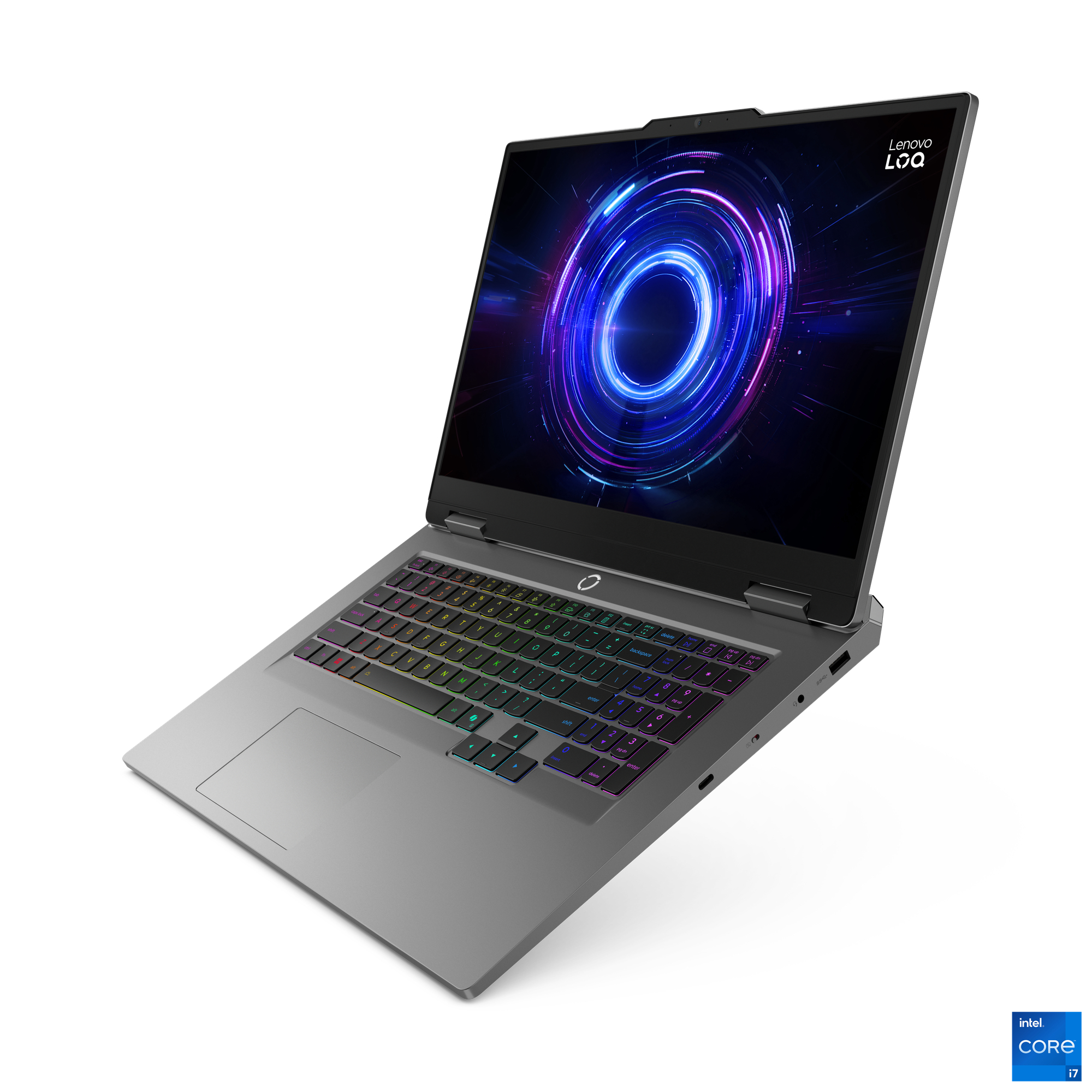 Ein grauer Lenovo LOQ Laptop mit beleuchteter Tastatur und einem abstrakten Kreis-Design auf dem Bildschirm.