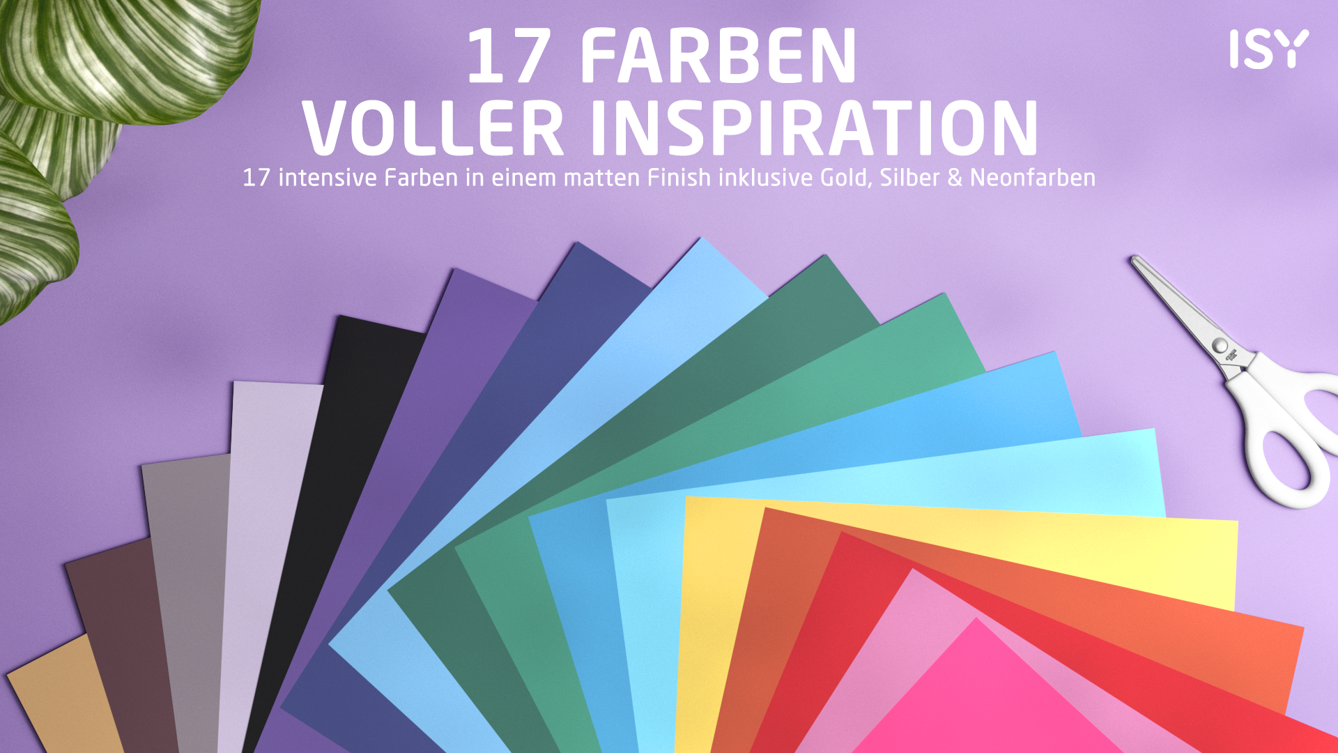 Fächer aus 17 bunten Papierbögen auf lila Hintergrund mit Schere.