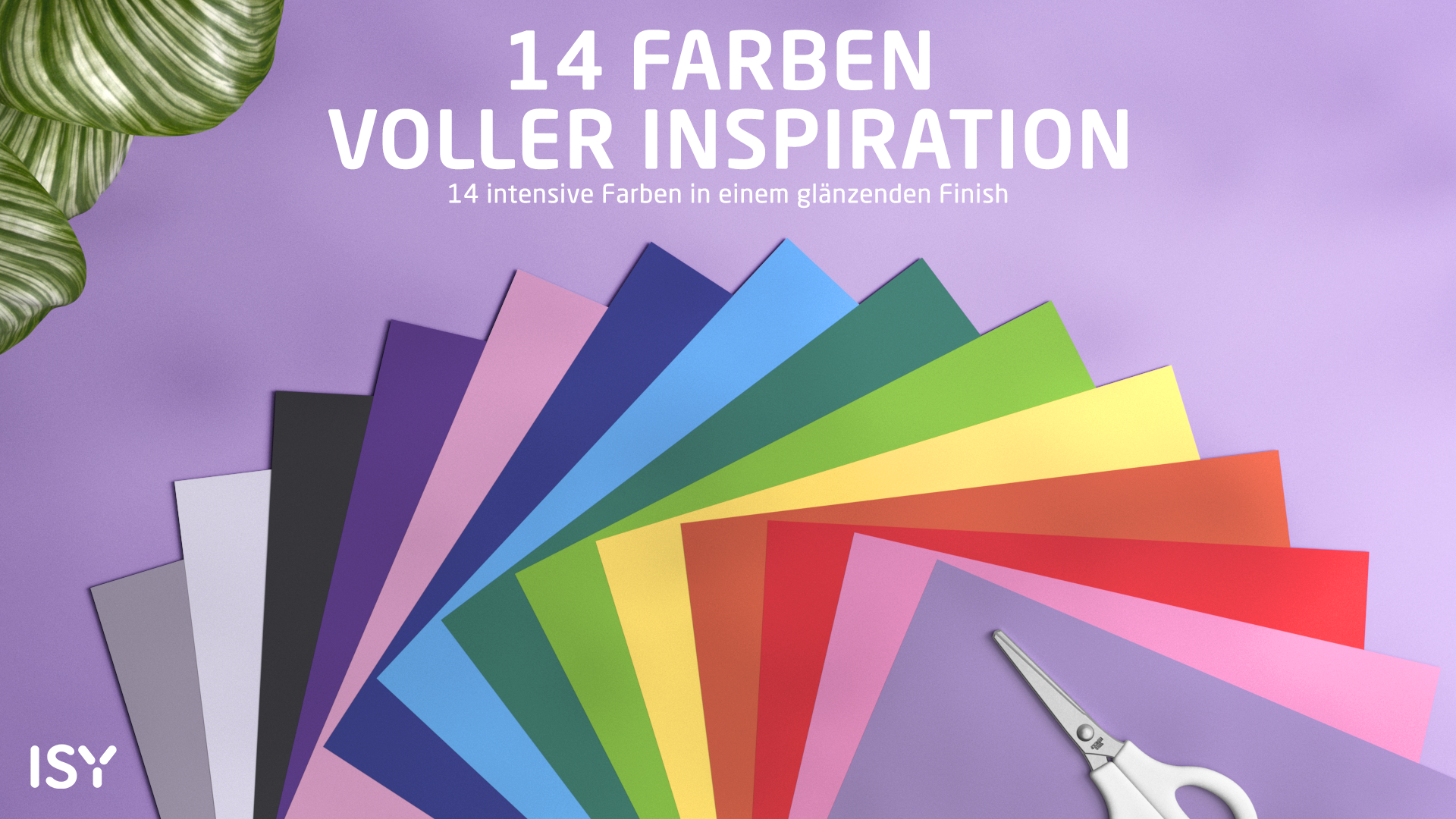 Fächerförmig angeordnete bunte Papierbögen mit Schere.