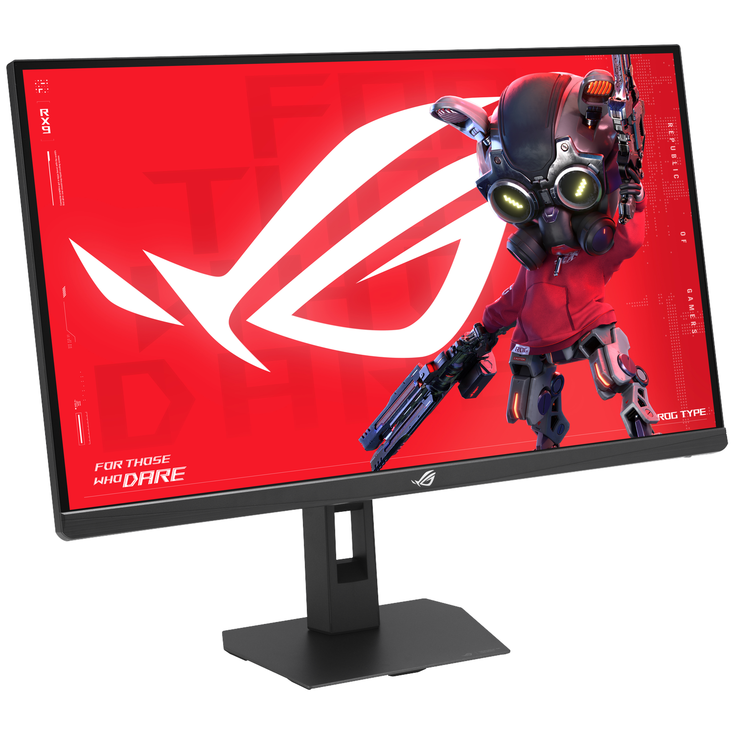 A gaming monitor displaying a red background with a robot character.