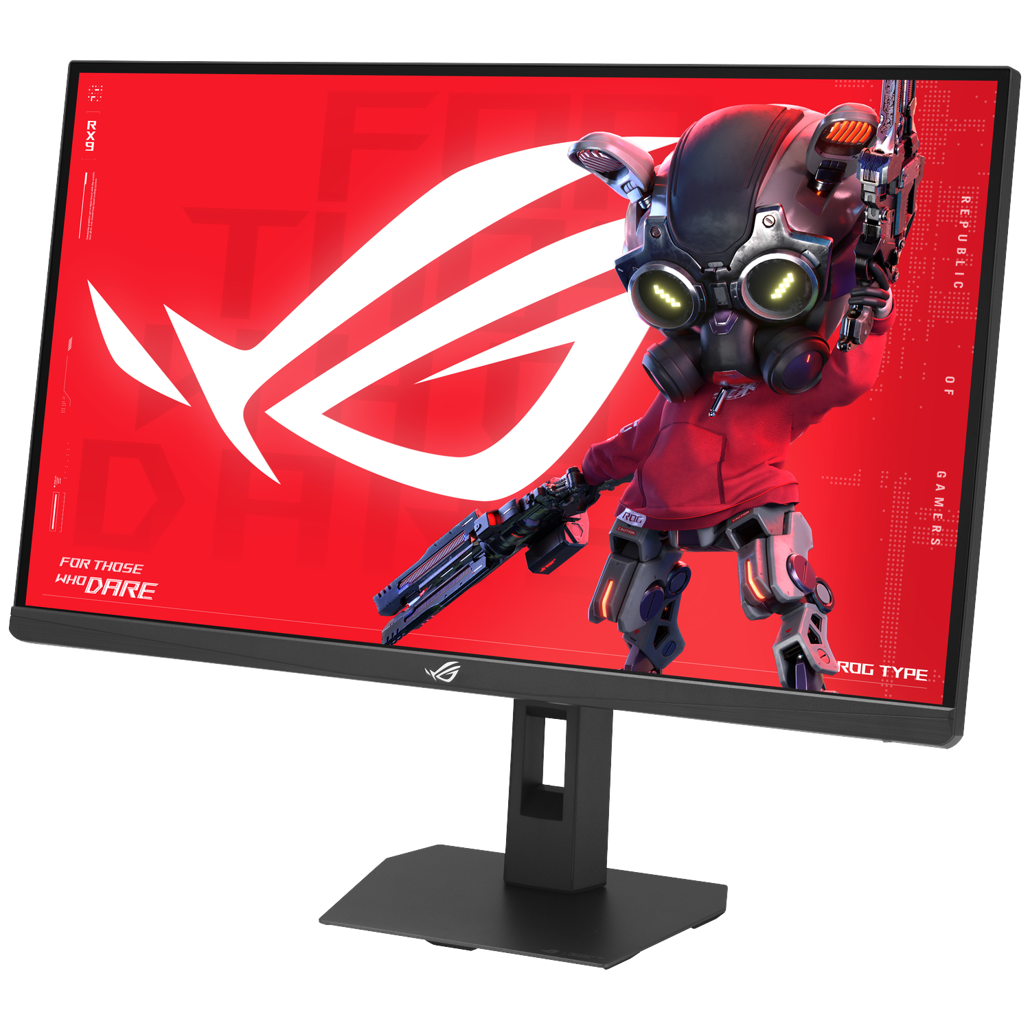 A monitor displaying a character with a gas mask against a red background.