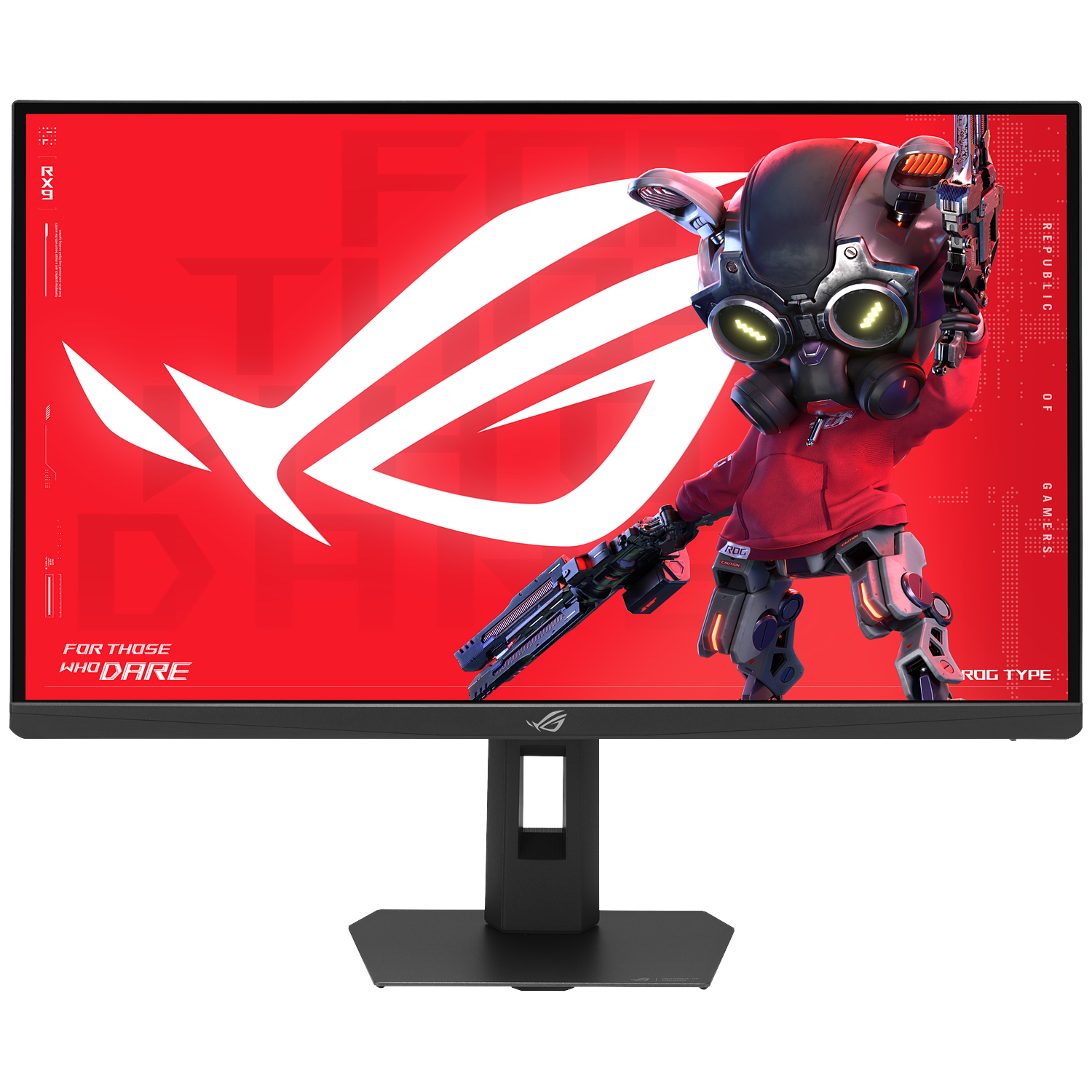 Monitor with red background, ROG logo. Character with gas mask holds a gun.