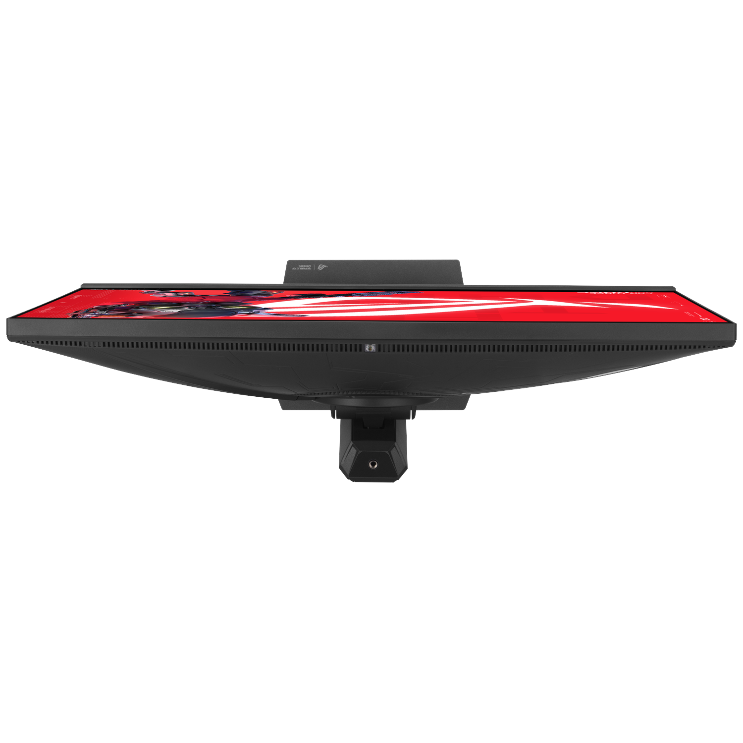 A black gaming monitor displays a red graphic; its stand is silver.