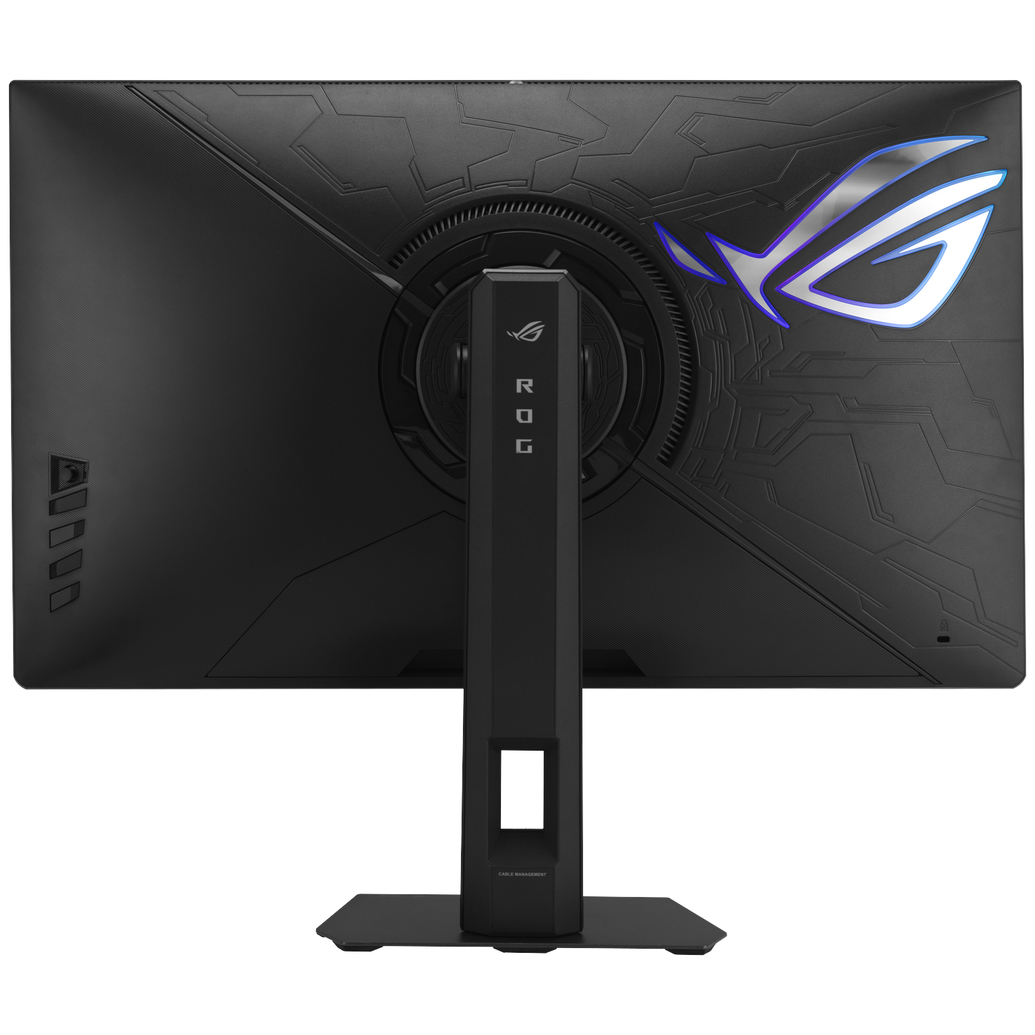 Back of a black monitor featuring the ROG logo with illuminated accents.