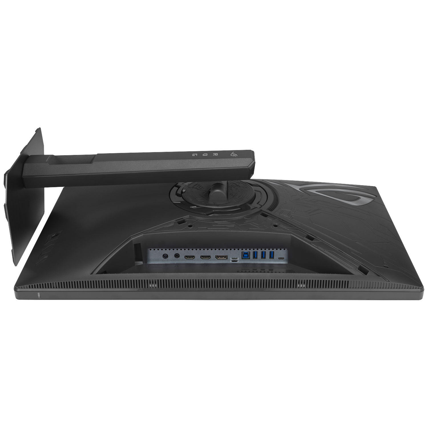 Back of a black monitor showing HDMI, USB, and DisplayPort connections.