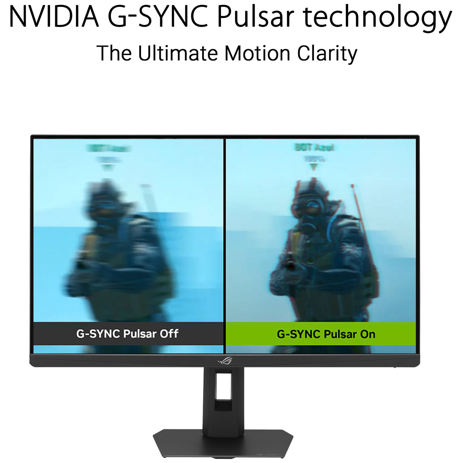 Monitor shows game scene: left blurry (G-SYNC Pulsar Off), right clear (G-SYNC Pulsar On).