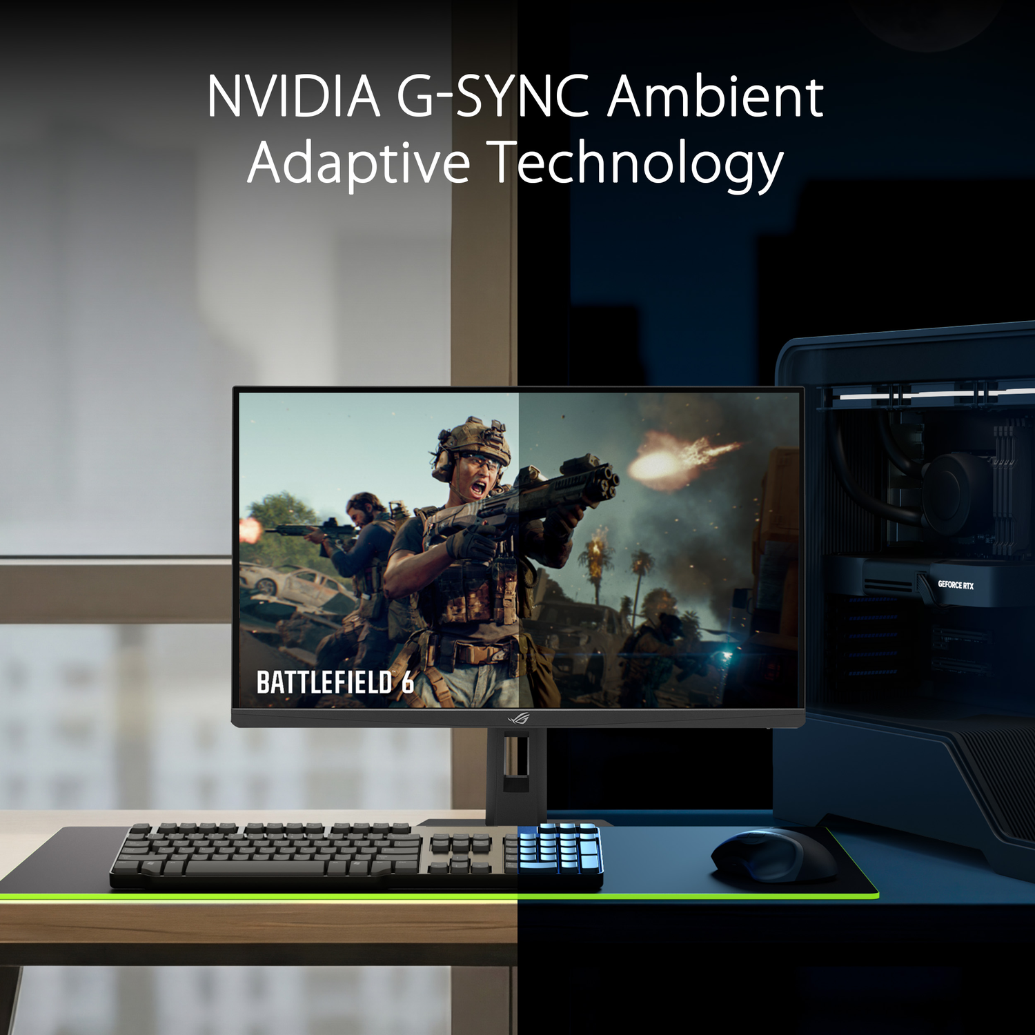 Gaming setup with monitor, keyboard, mouse, and PC. Game scene on monitor.