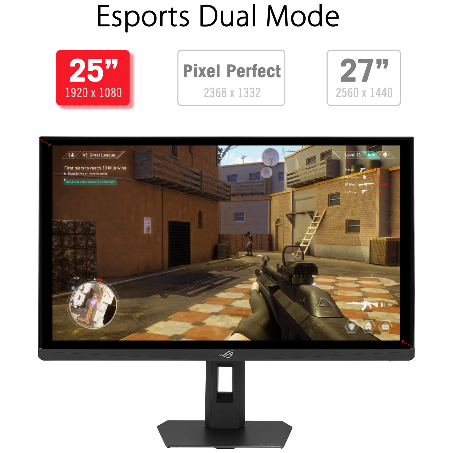 A gaming monitor displays a first-person shooter game with weapons and building view.