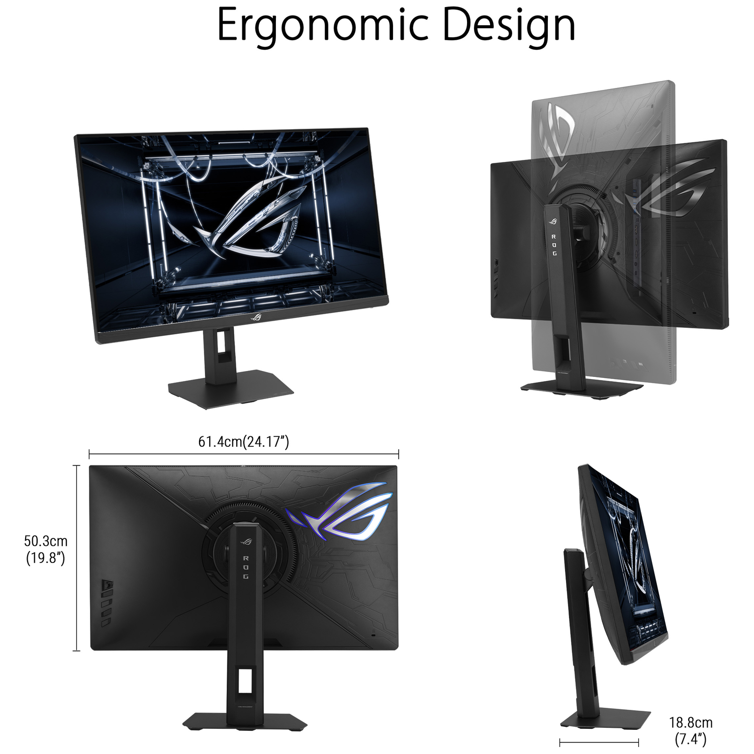 ROG Monitor: Front, back, and side views with dimensions.