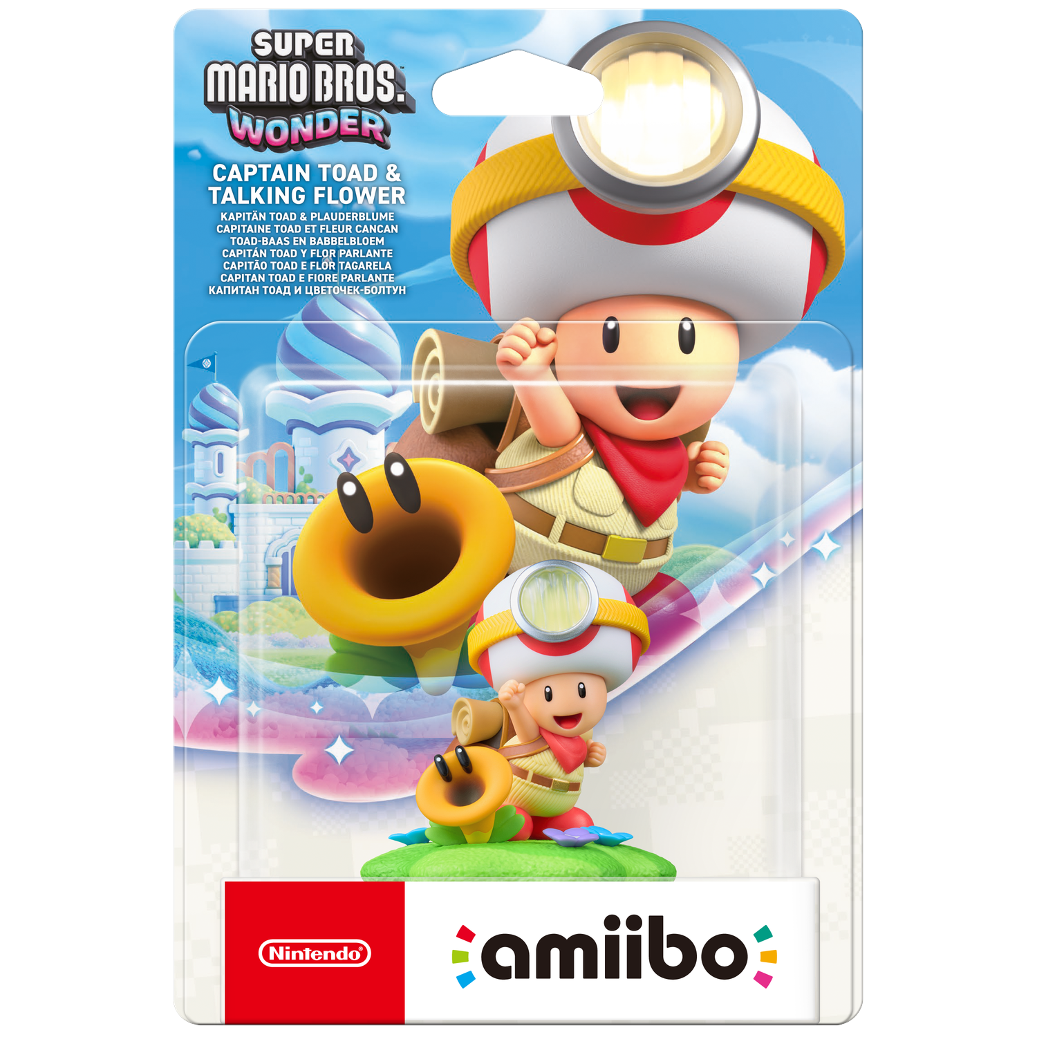 Packaging for Super Mario Bros. Wonder Captain Toad & Talking Flower Amiibo.