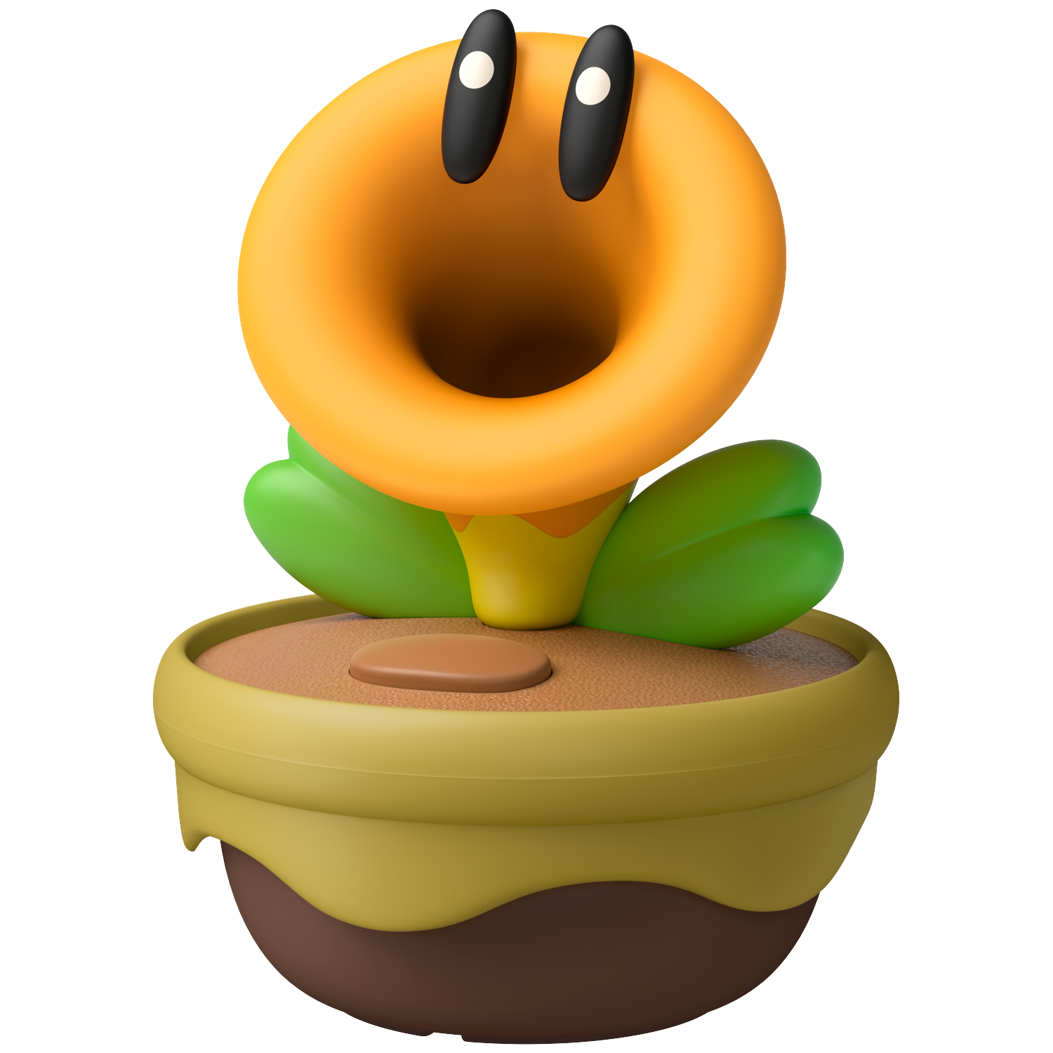 An orange plant with big eyes in a pot.