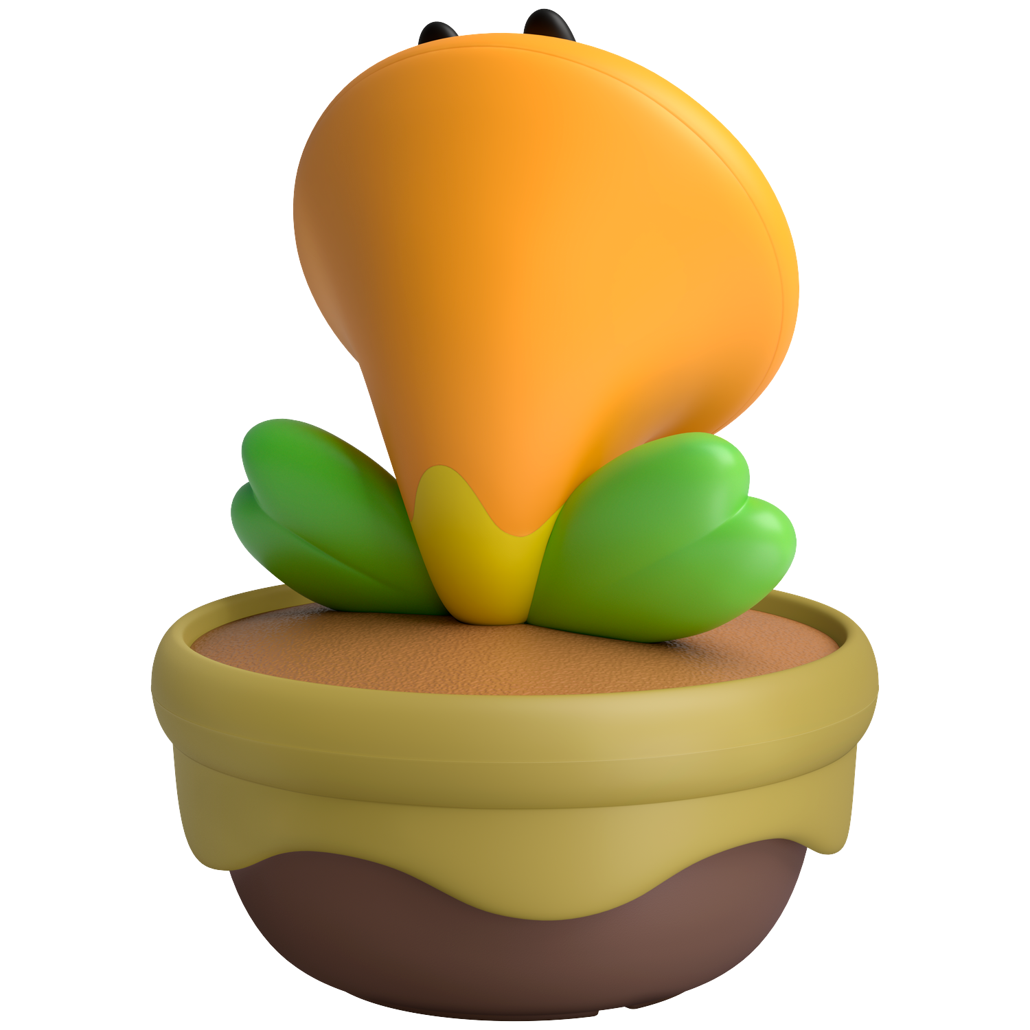 An orange plant with green leaves grows in a brown pot.