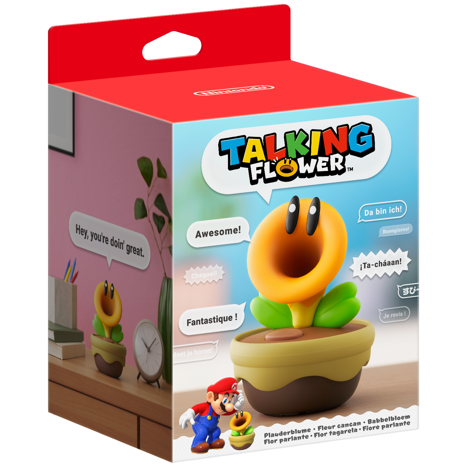 Box packaging featuring a talking flower toy, Mario, and a plant.
